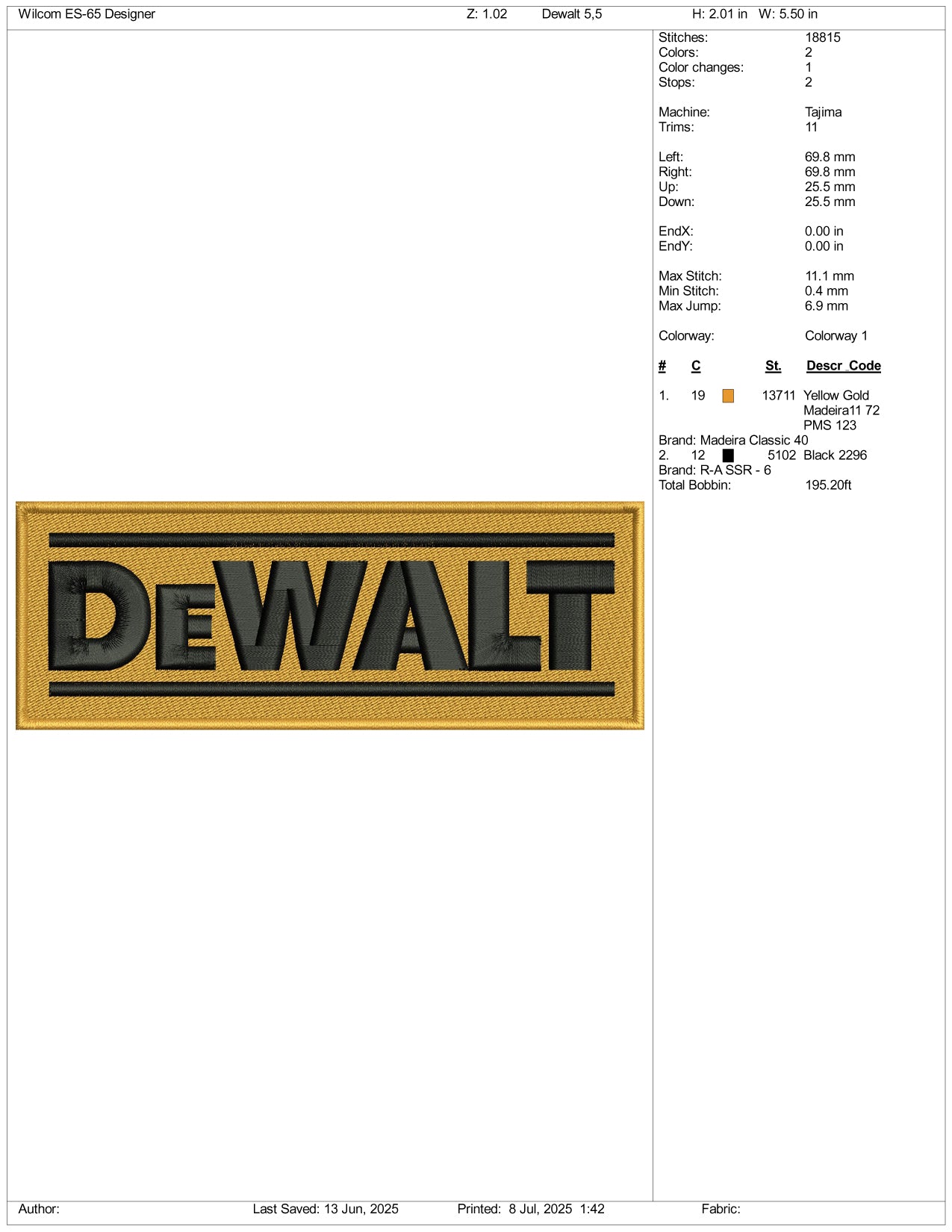 DeWalt Logo Embroidery Design Files - 3 Size's