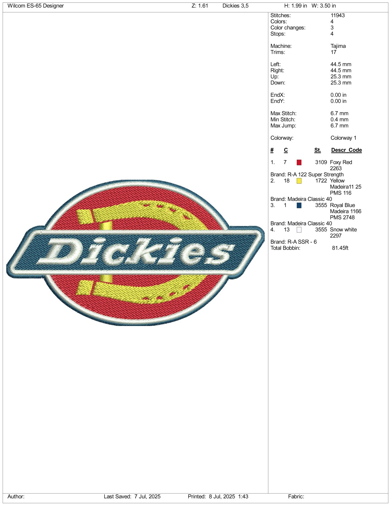 Dickies Logo Embroidery Design Files - 3 Size's