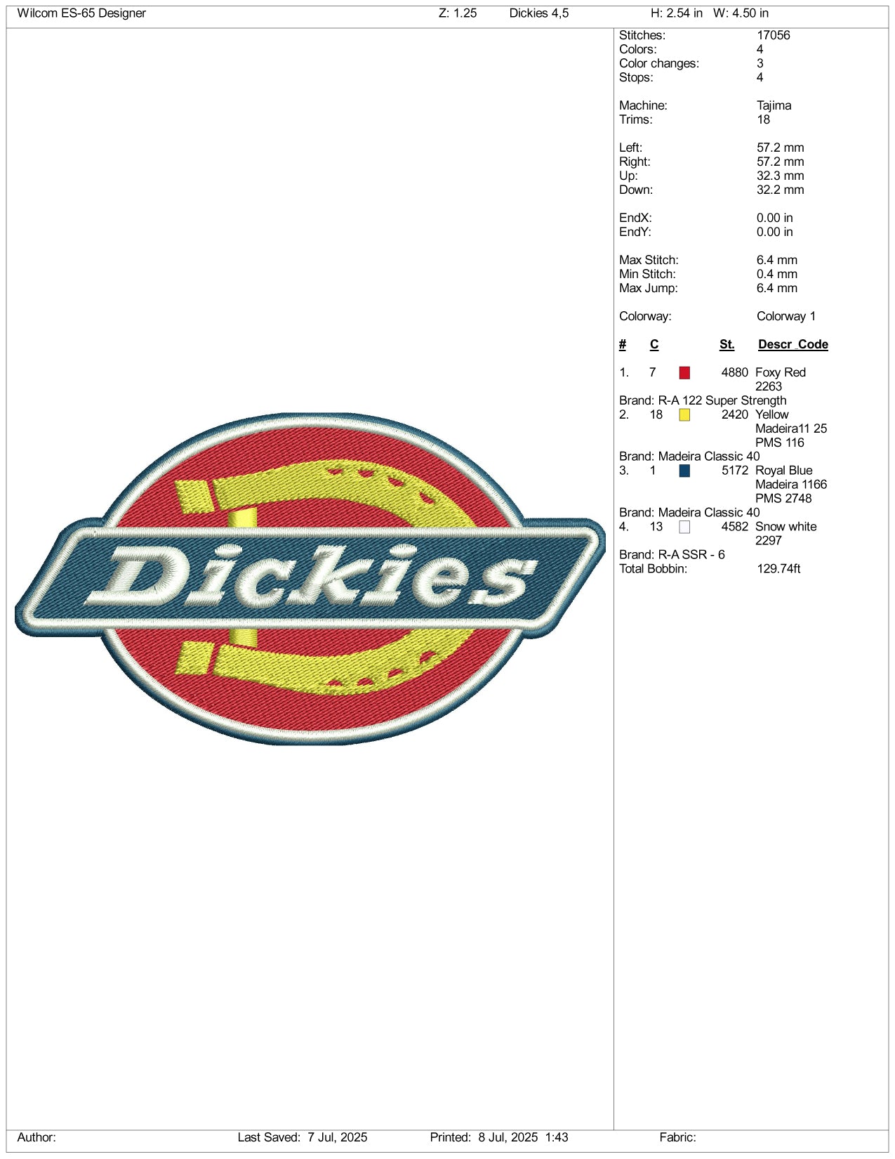 Dickies Logo Embroidery Design Files - 3 Size's