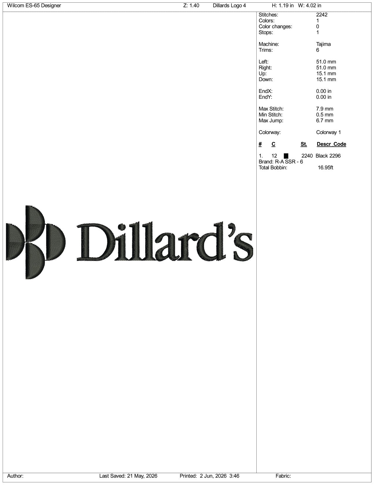 Dillards Logo Embroidery Design Files - 3 Size's