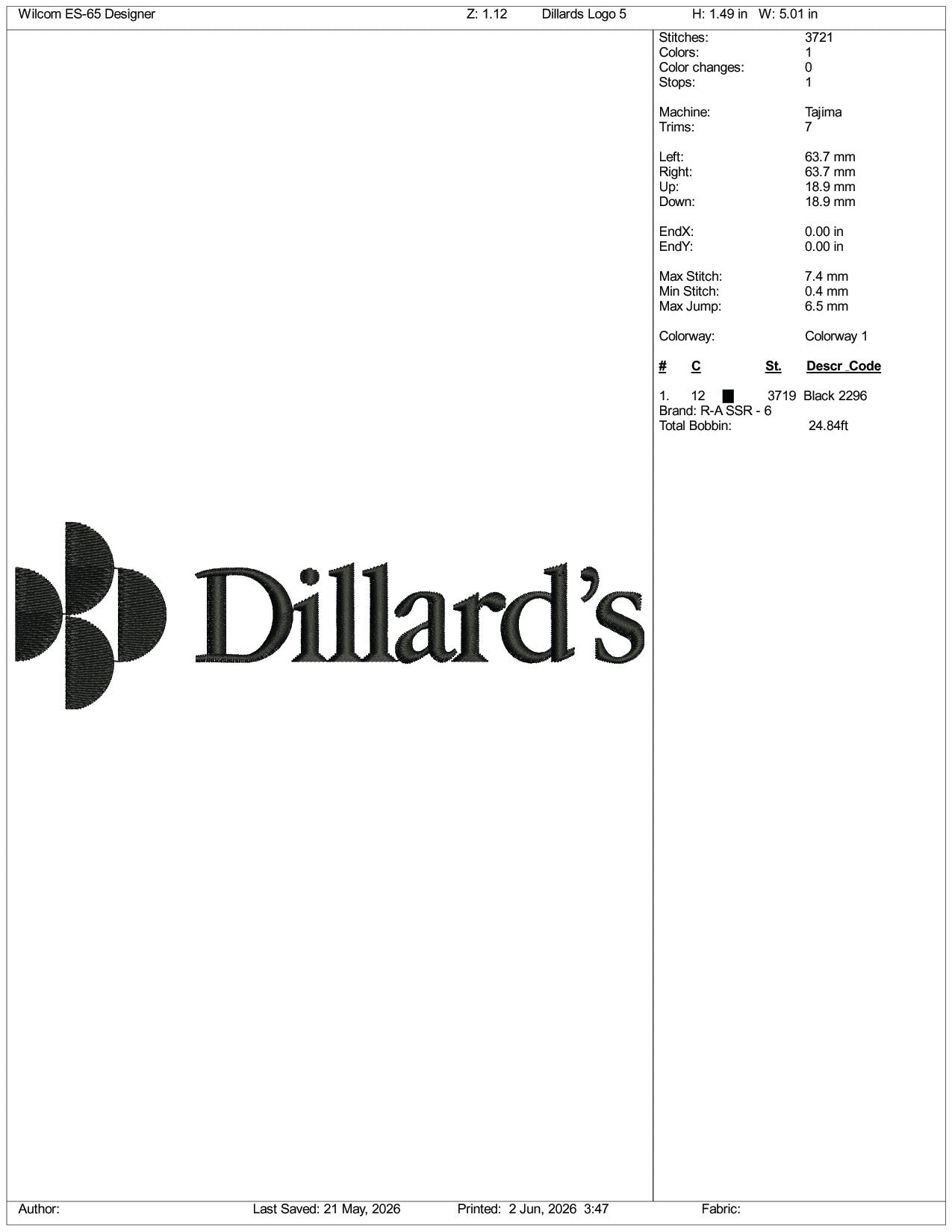 Dillards Logo Embroidery Design Files - 3 Size's