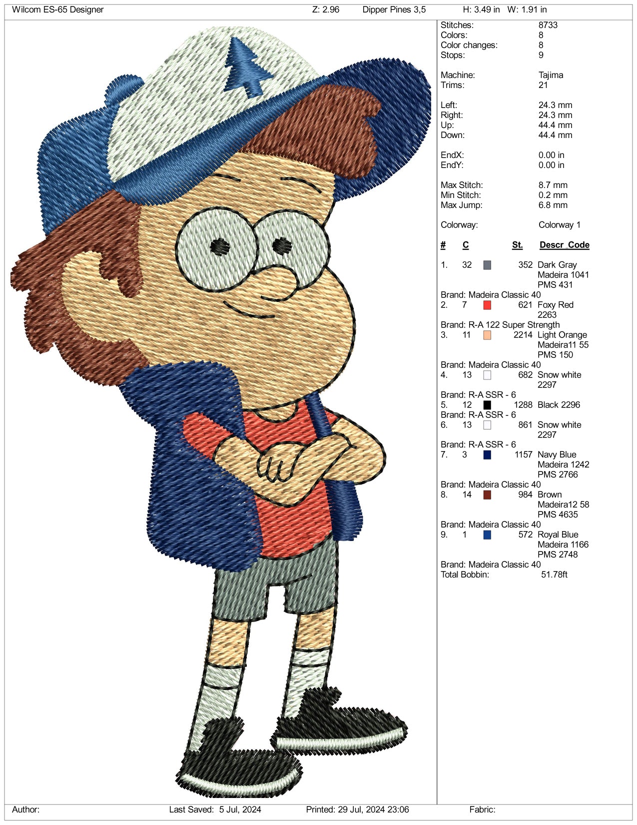 Dipper Pines Embroidery Design Files - 3 Size's