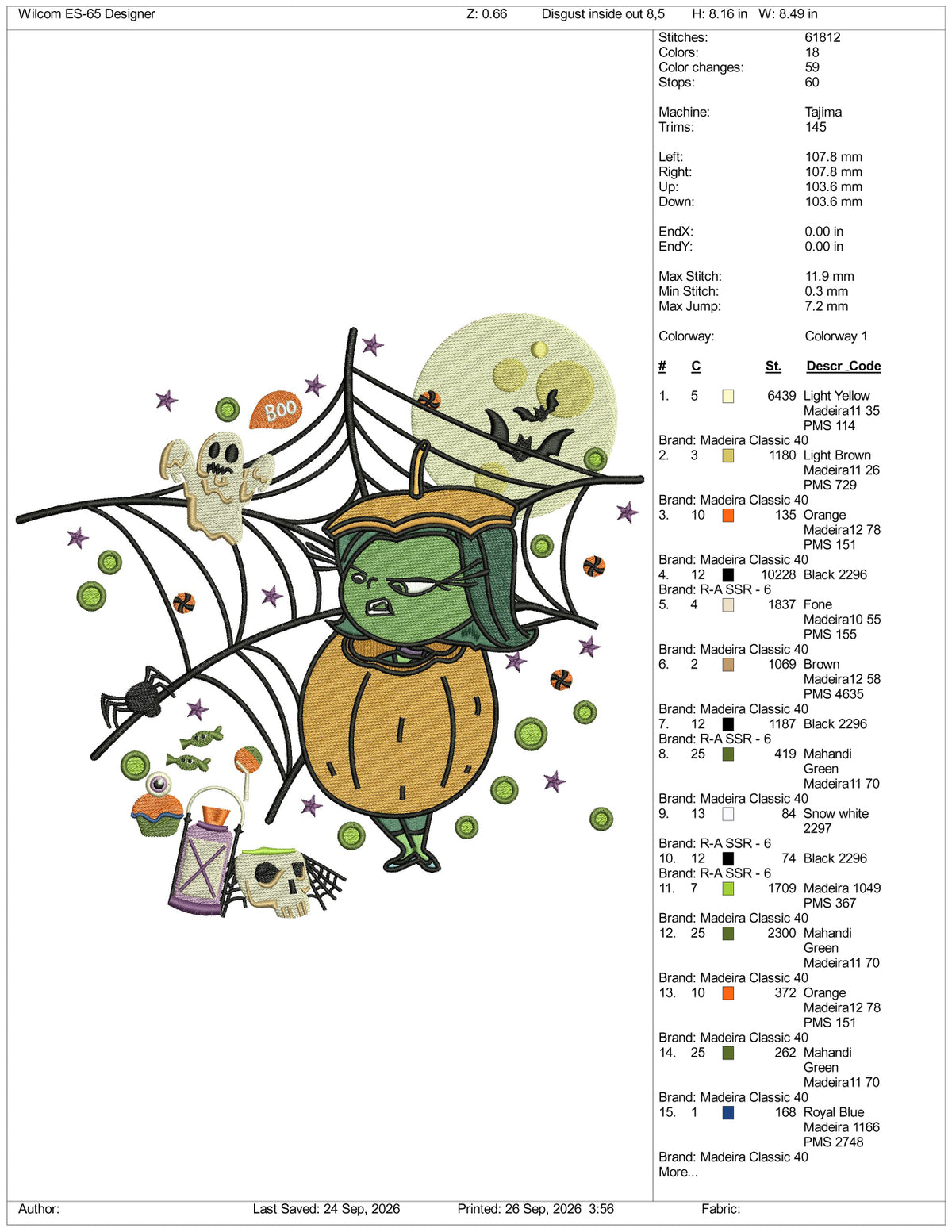 Disgust Inside Out Spooky Embroidery Design Files - 3 Size's