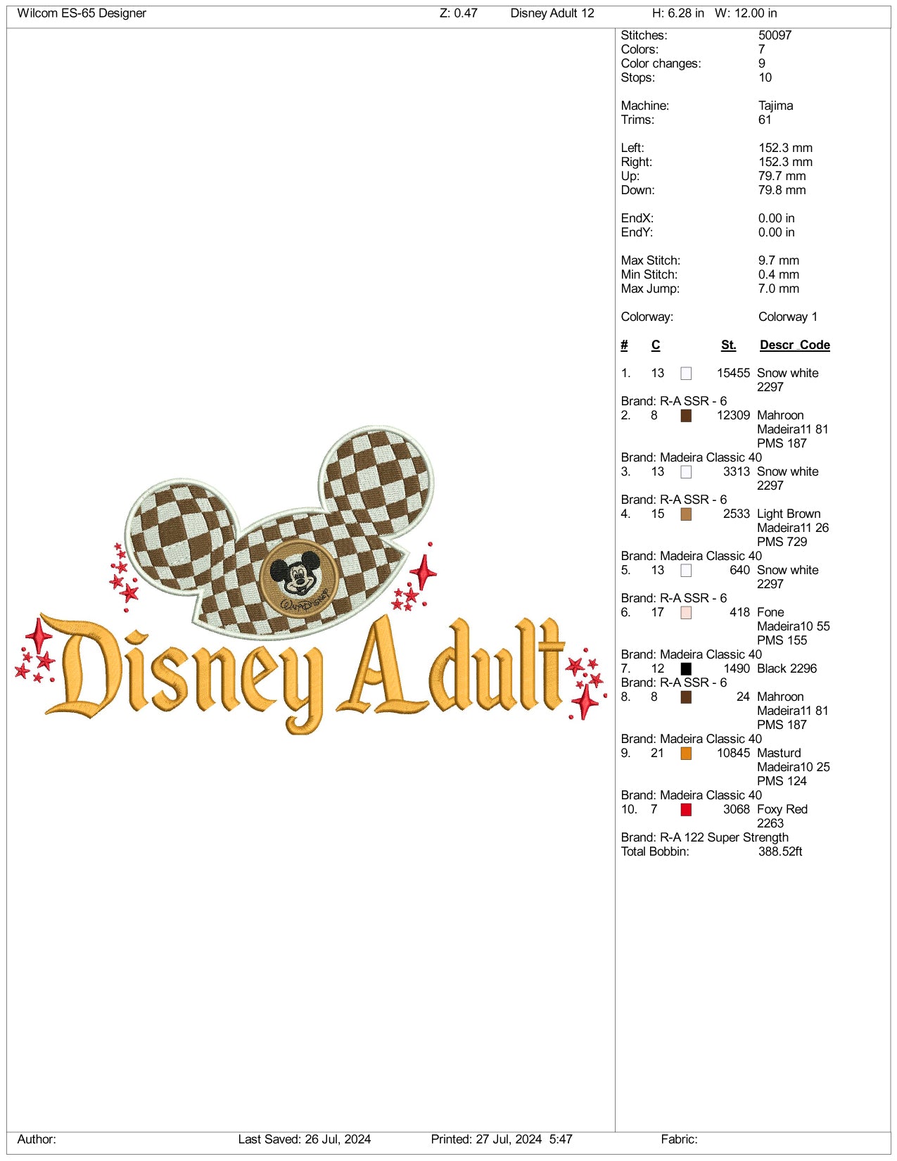 Disney Adult Embroidery Design Files - 3 Size's