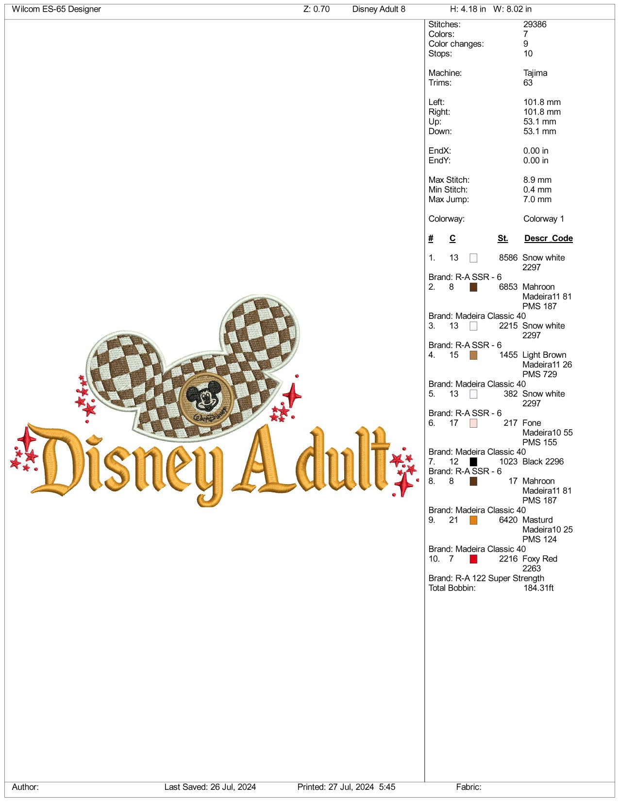 Disney Adult Embroidery Design Files - 3 Size's