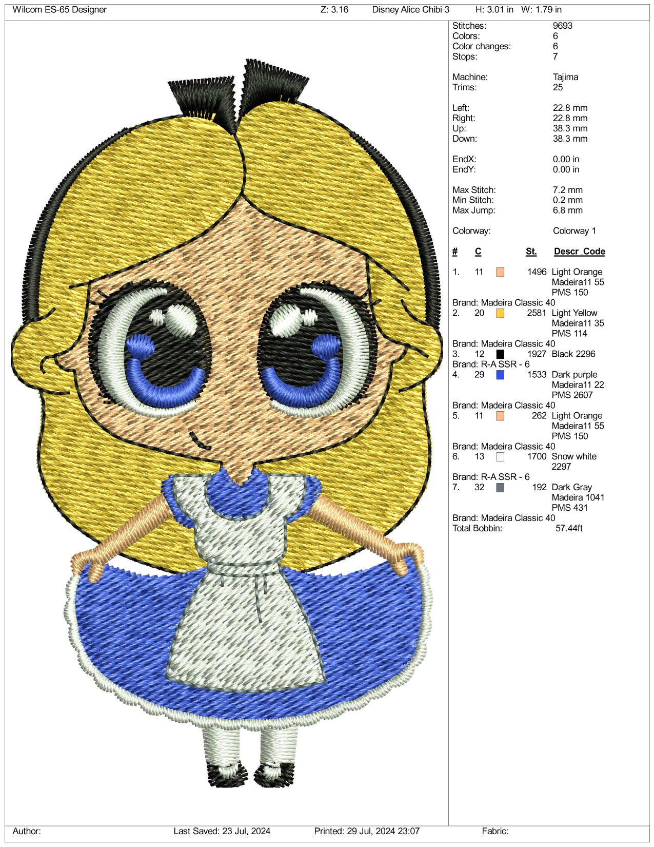 Chibi Alice Embroidery Design Files - 3 Size's