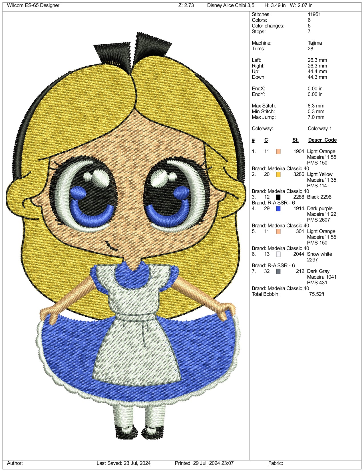 Chibi Alice Embroidery Design Files - 3 Size's