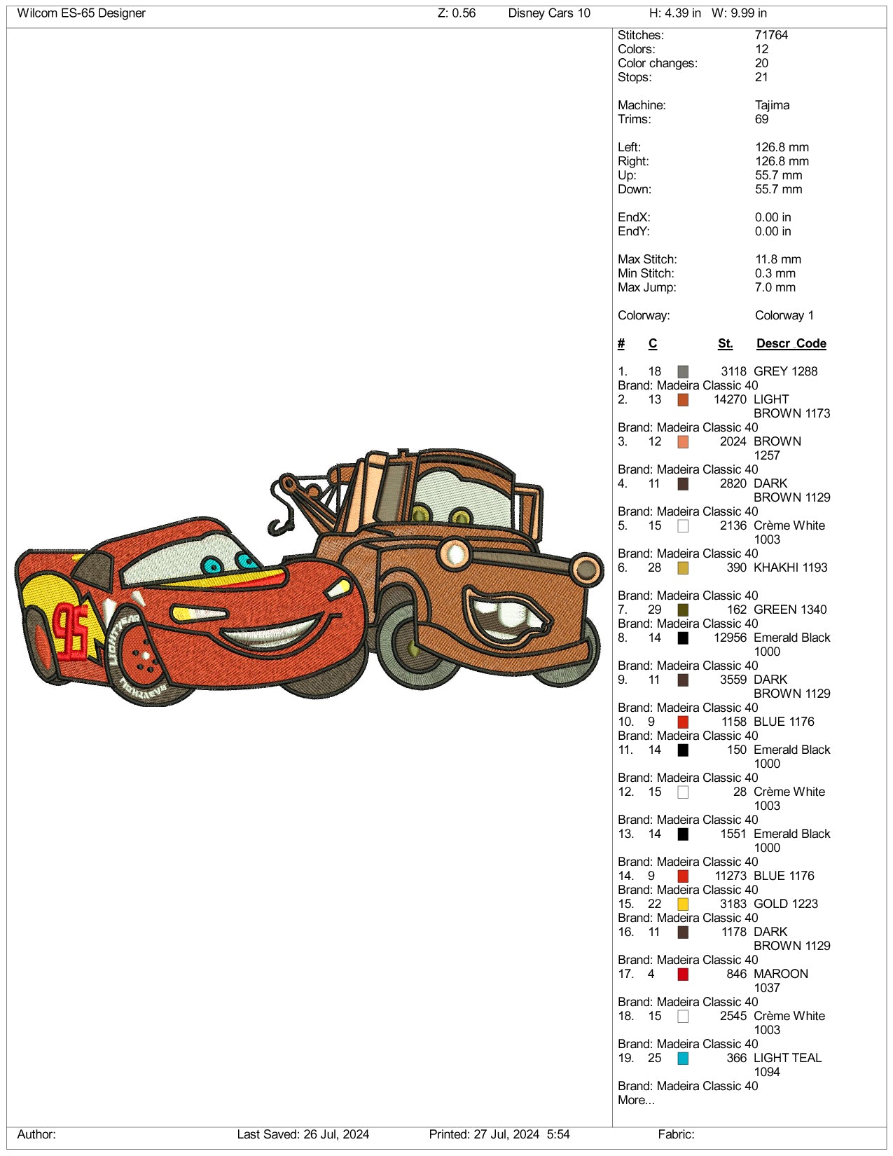 MCqueen And Tow Mater Embroidery Design Files - 3 Size's