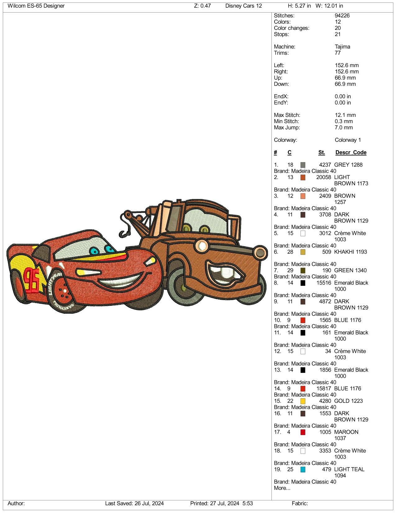 MCqueen And Tow Mater Embroidery Design Files - 3 Size's