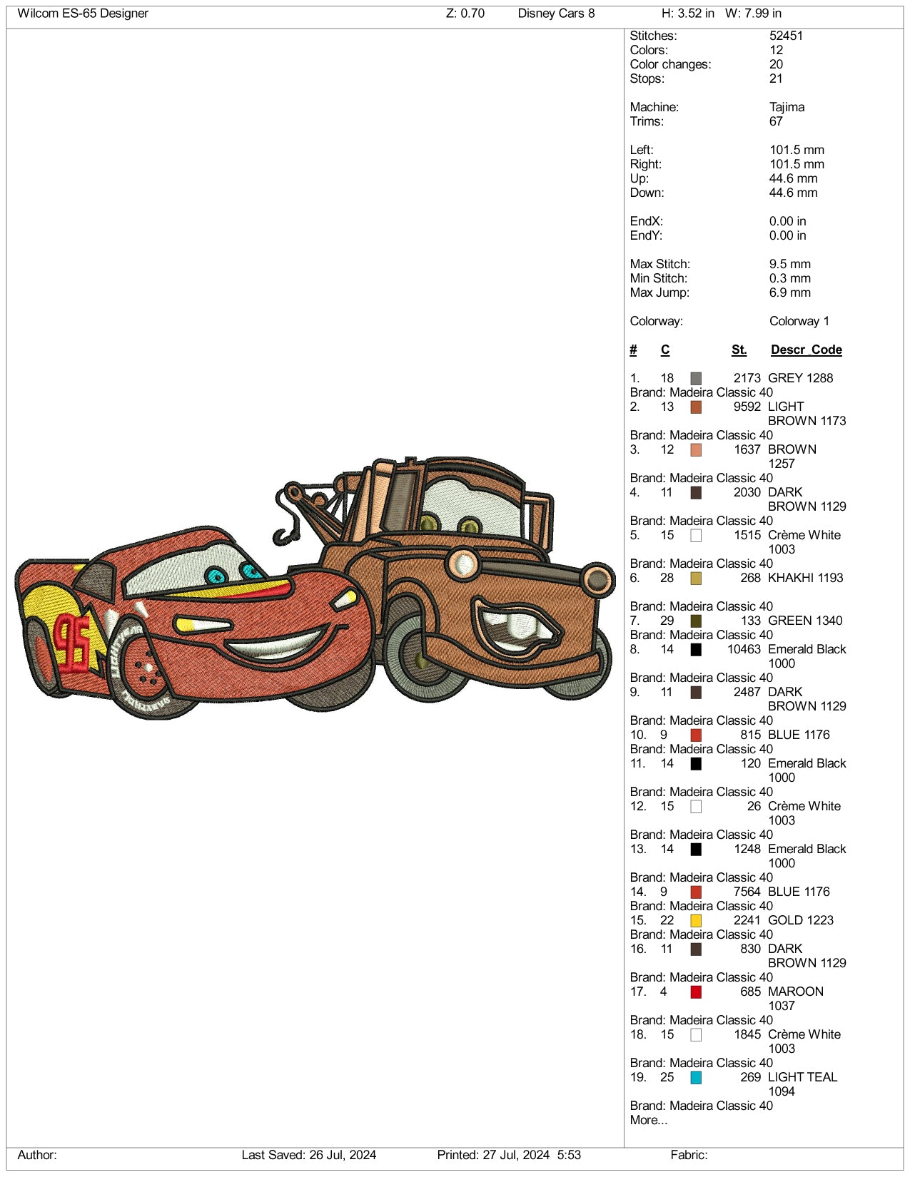 MCqueen And Tow Mater Embroidery Design Files - 3 Size's