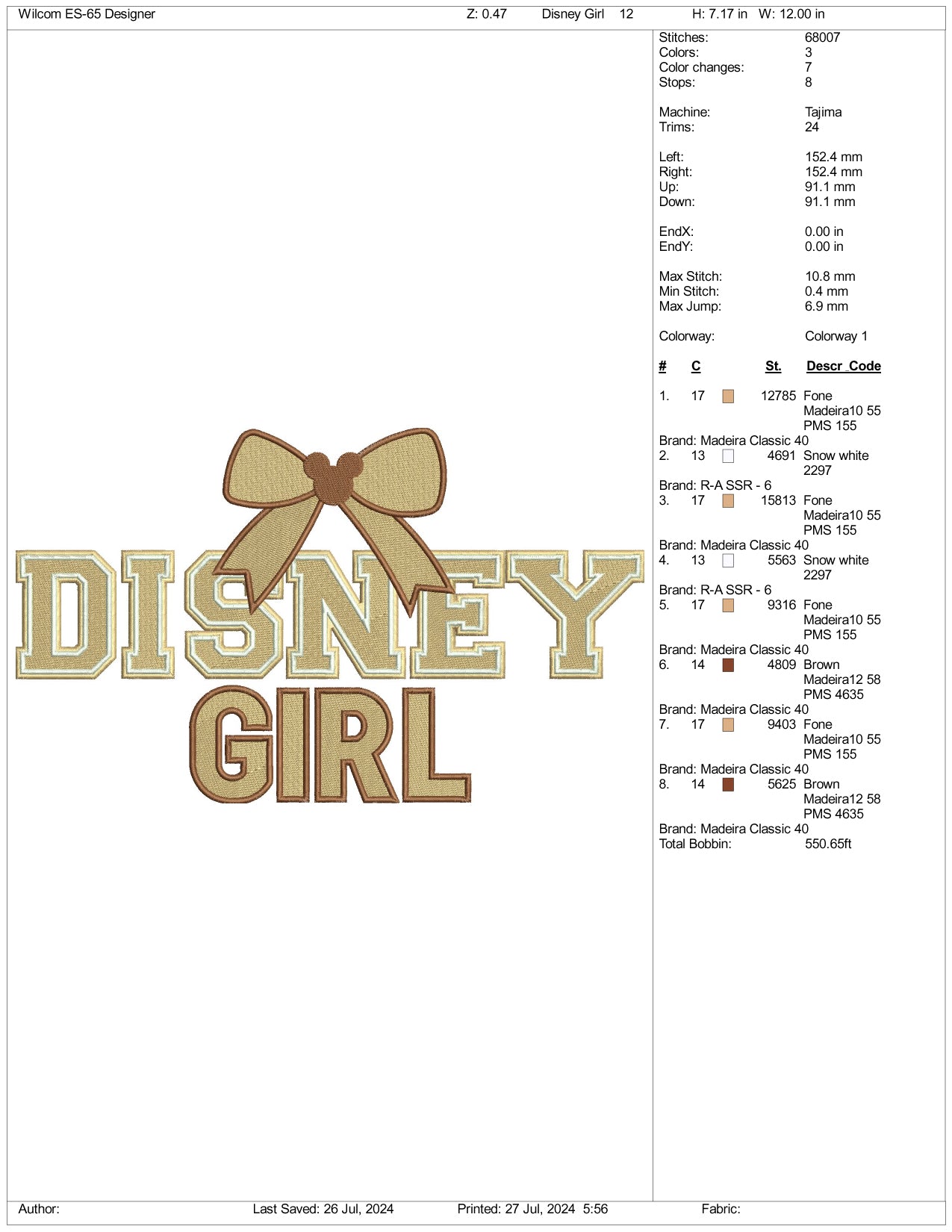 Disney Girl Embroidery Design Files - 3 Size's