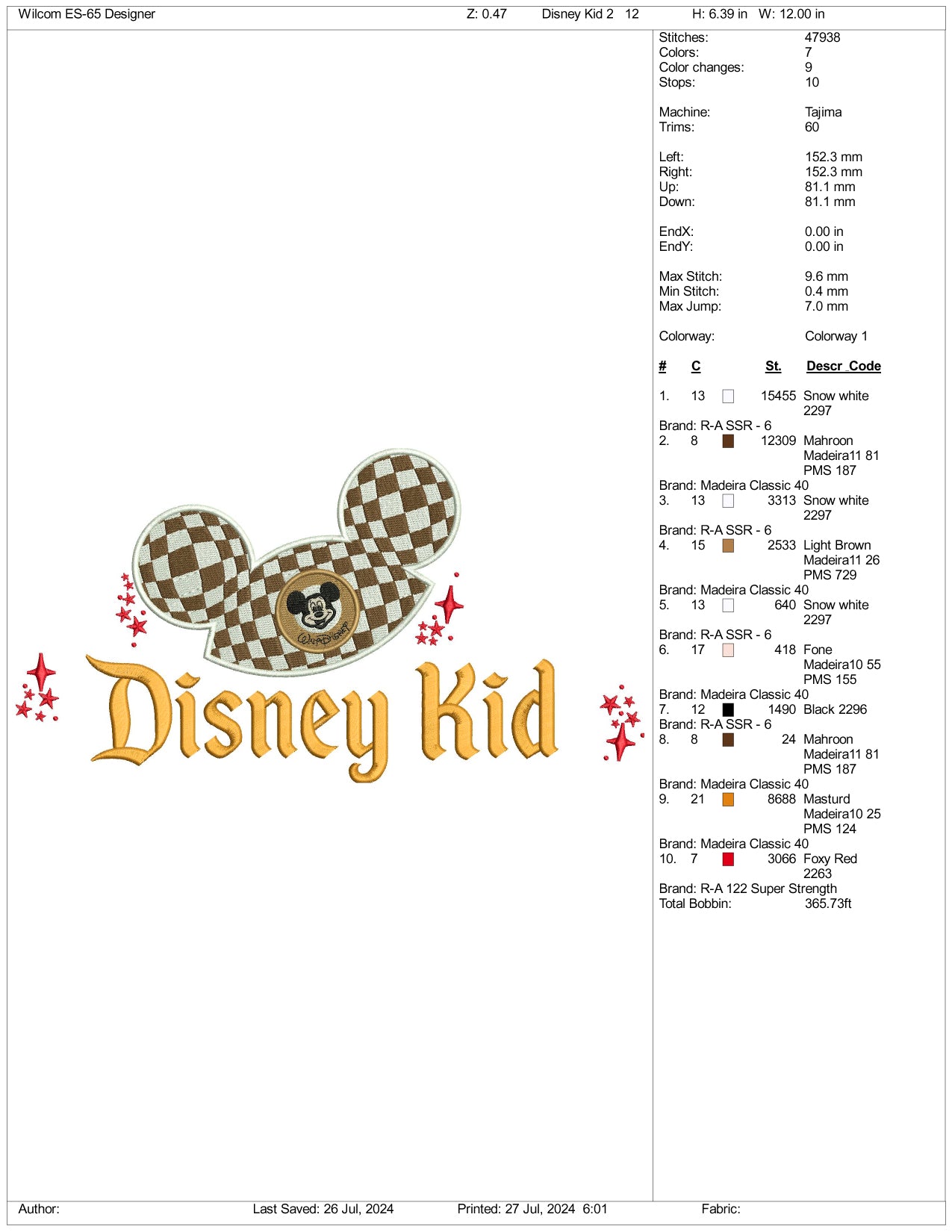 Disney Kid v2 Embroidery Design Files - 3 Size's