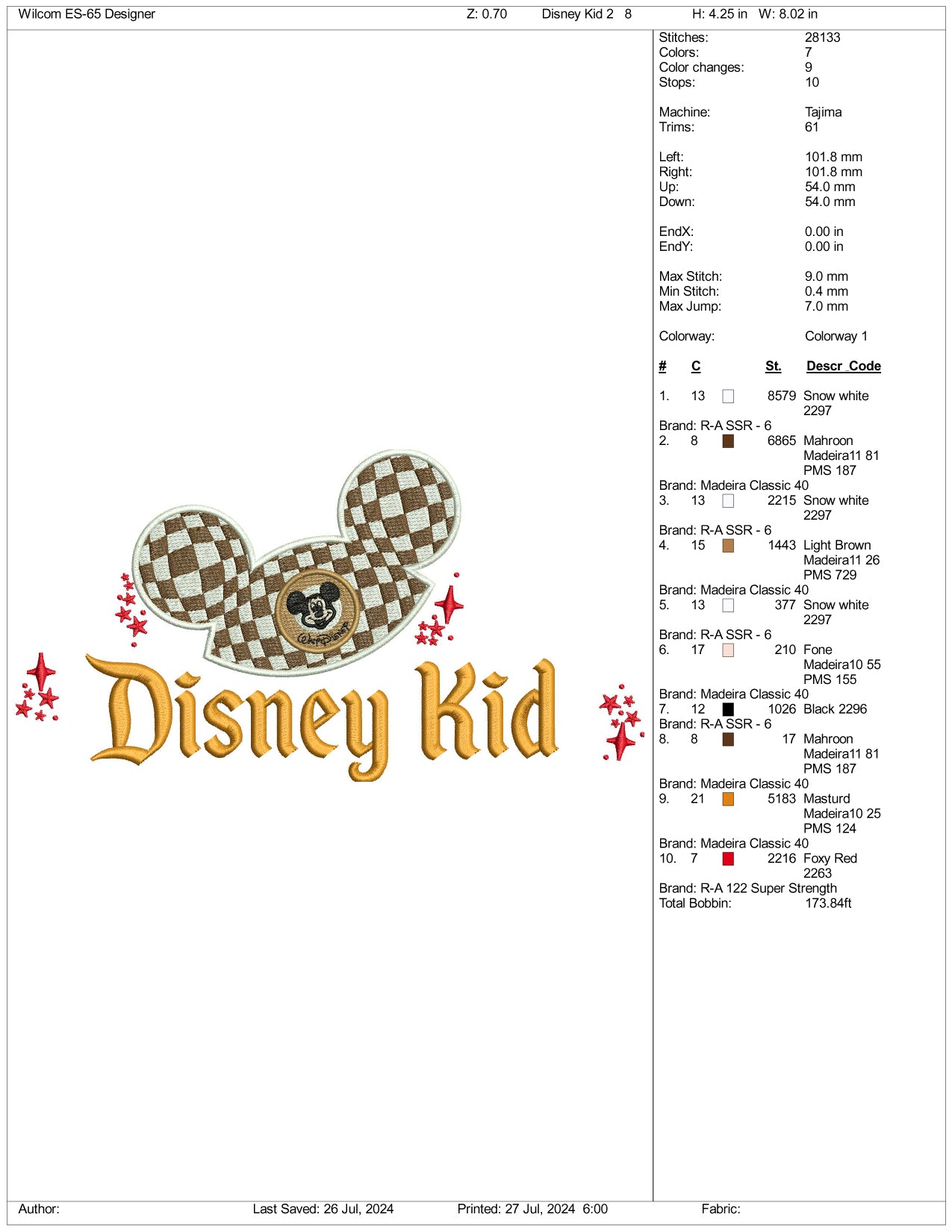 Disney Kid v2 Embroidery Design Files - 3 Size's