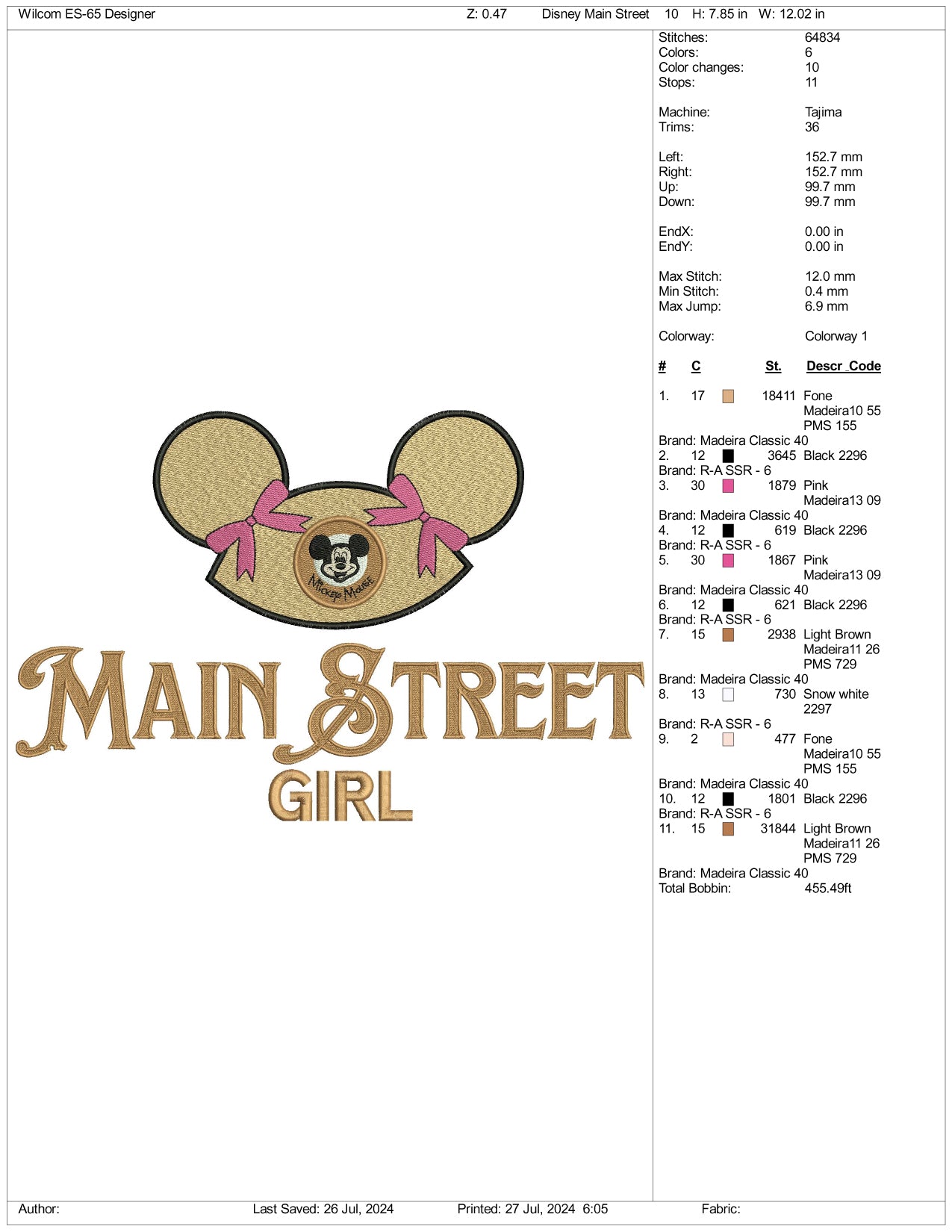 Main Street Girl Embroidery Design Files - 3 Size's