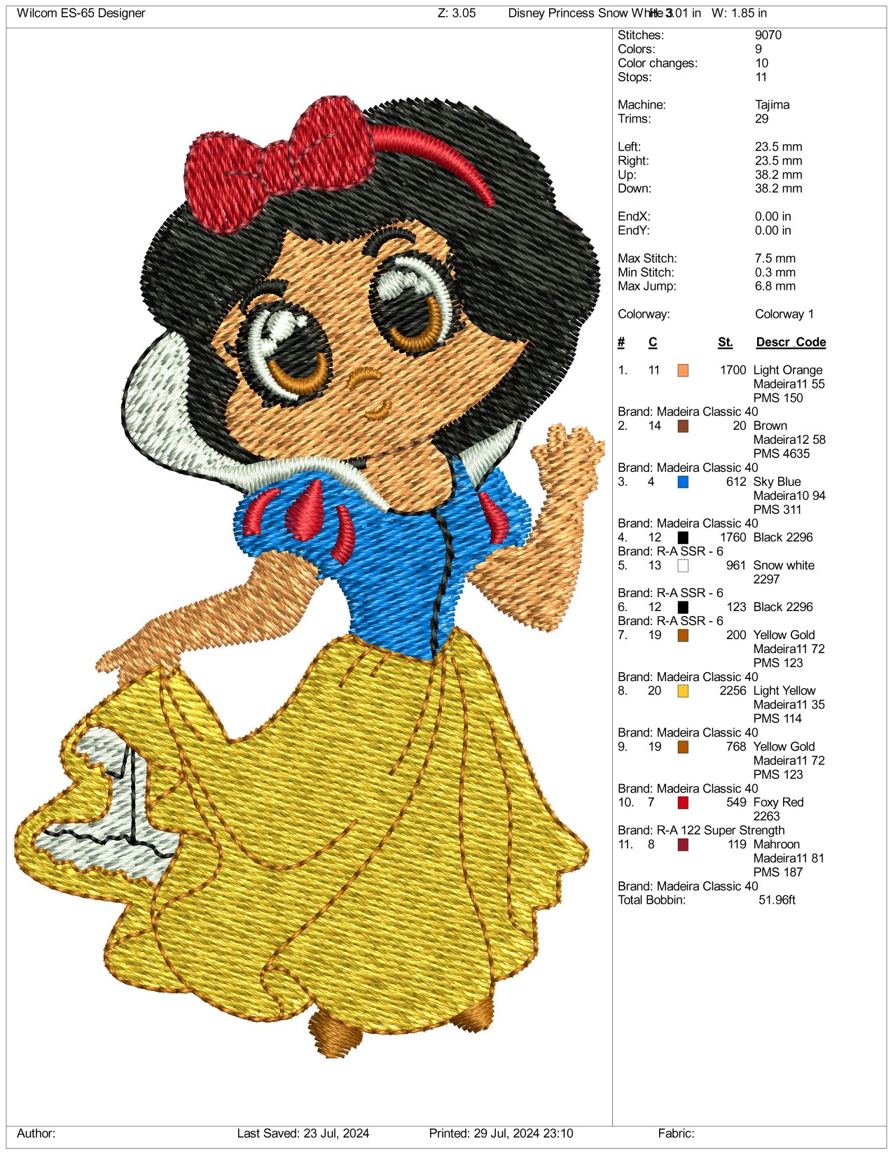 Chibi Snow White  Embroidery Design Files - 3 Size's