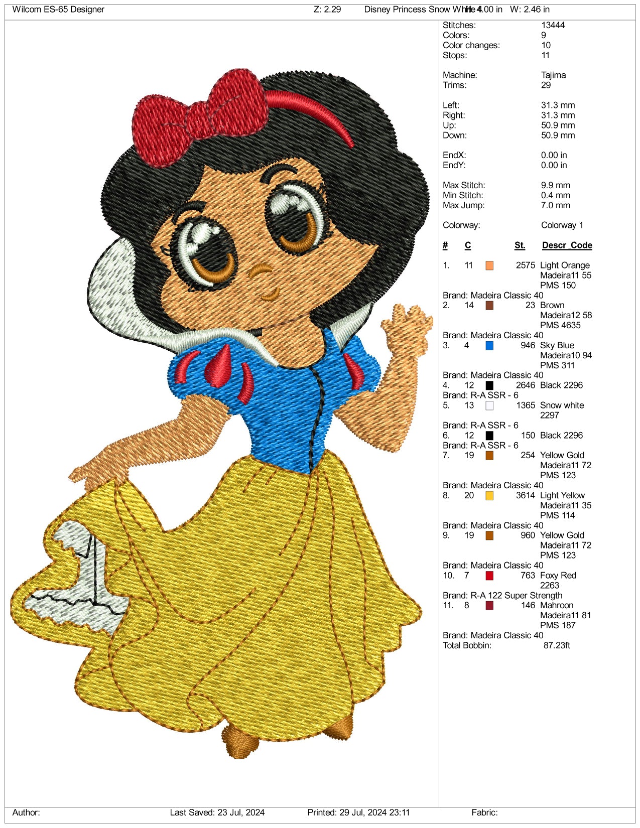 Chibi Snow White  Embroidery Design Files - 3 Size's