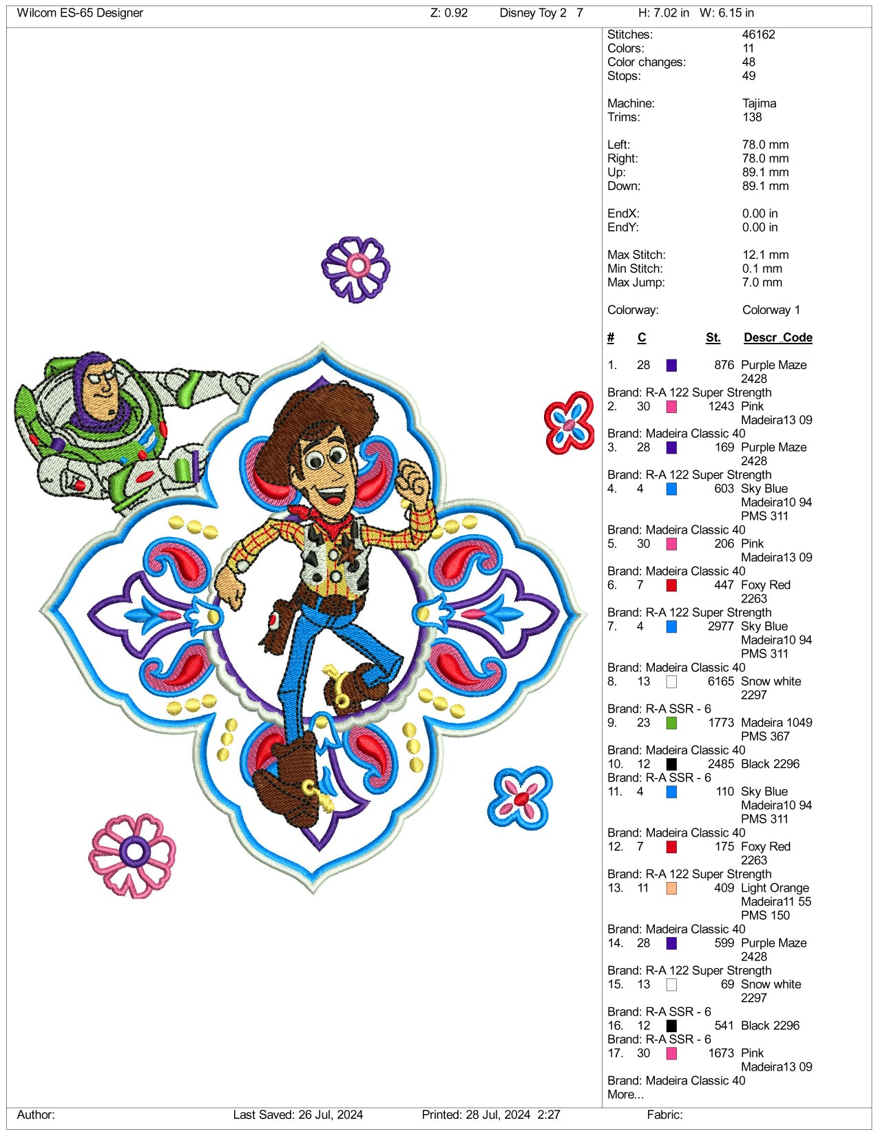 The Toy Story v2 Embroidery Design Files - 3 Size's