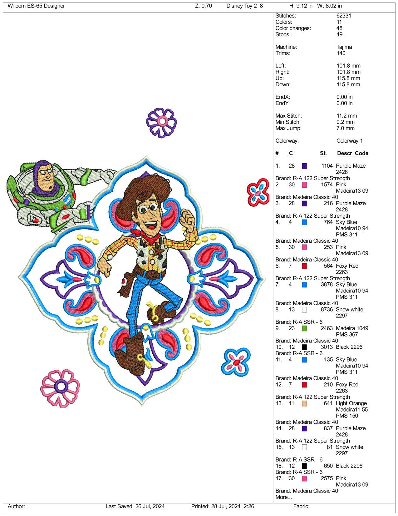 The Toy Story v2 Embroidery Design Files - 3 Size's