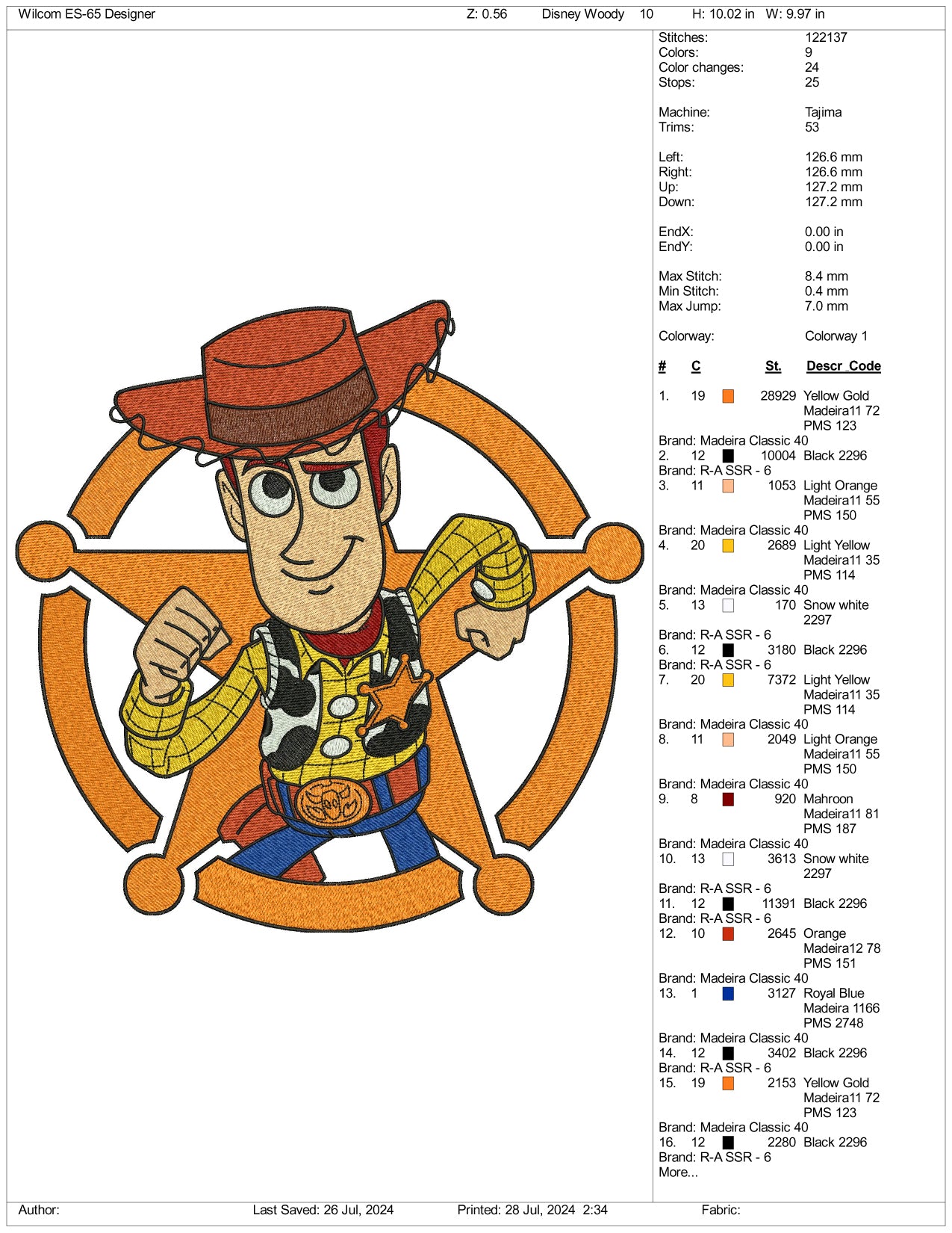 Woody Toy Story Embroidery Design Files - 3 Size's