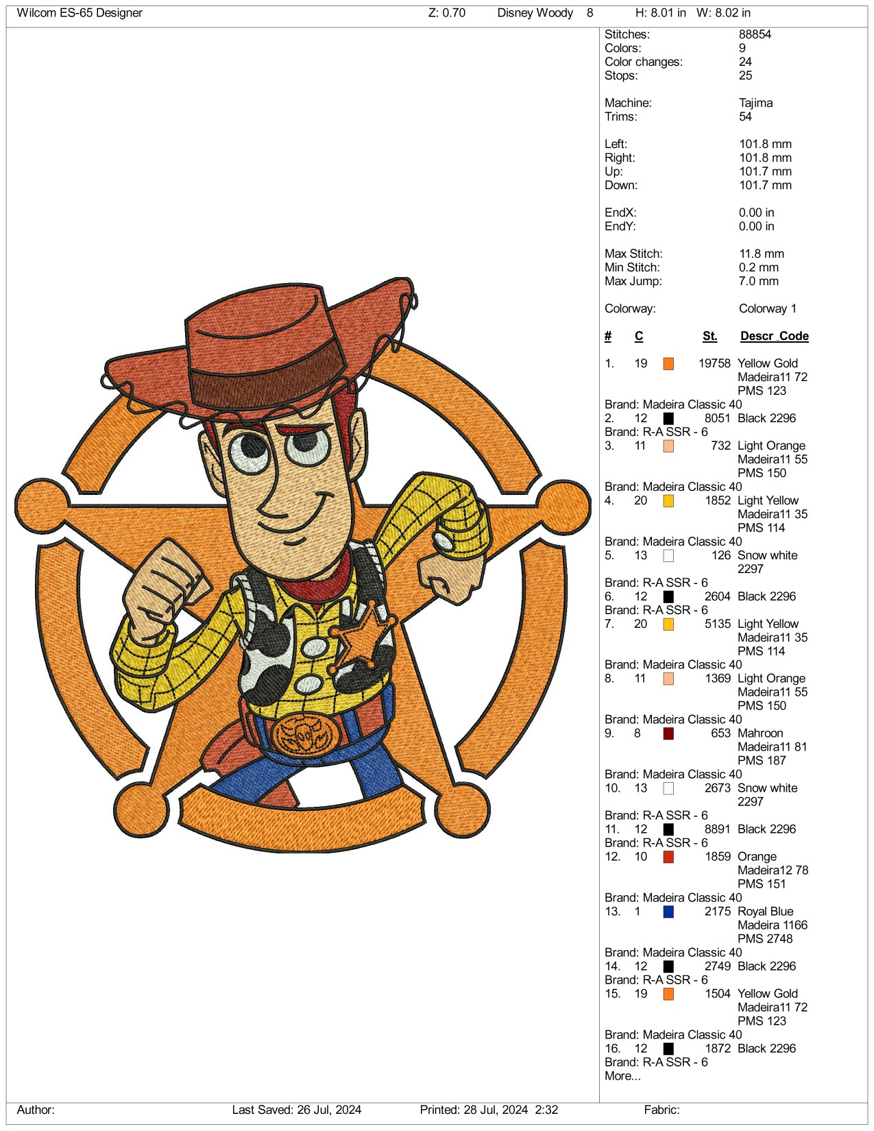 Woody Toy Story Embroidery Design Files - 3 Size's