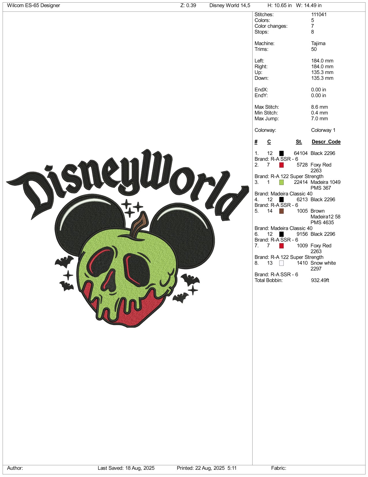 Disneyworld Mickey Mouse Face Apple Embroidery Files - 3 Size's