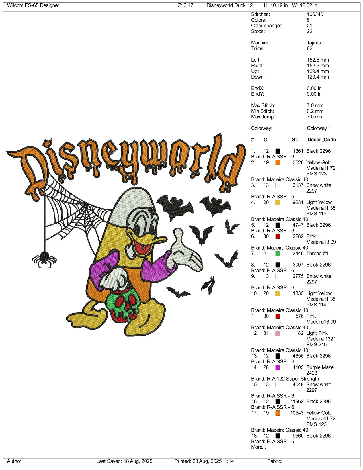 Disneyland Donald Duck Embroidery Files - 3 Size's