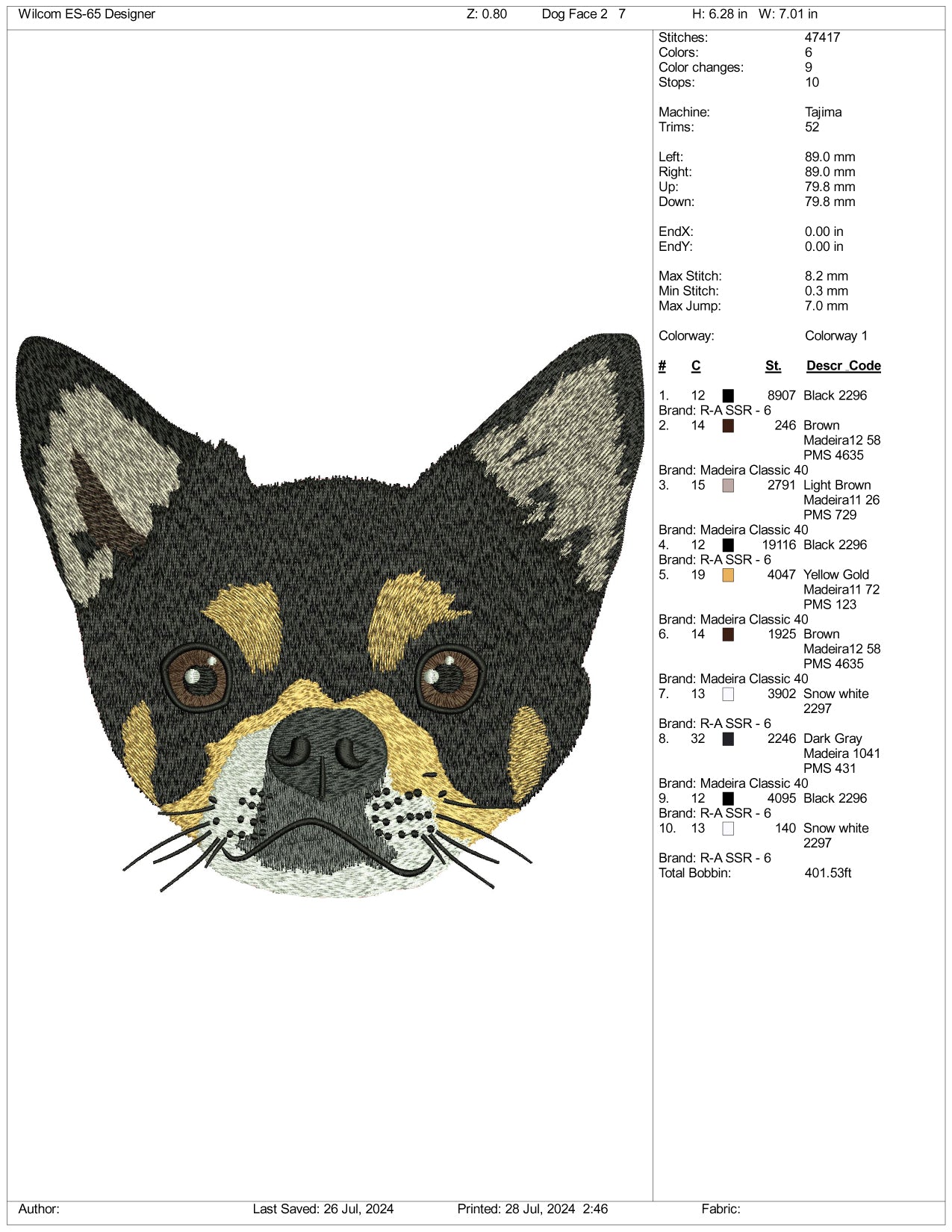 Dog Face v2 Embroidery Design Files - 3 Size's