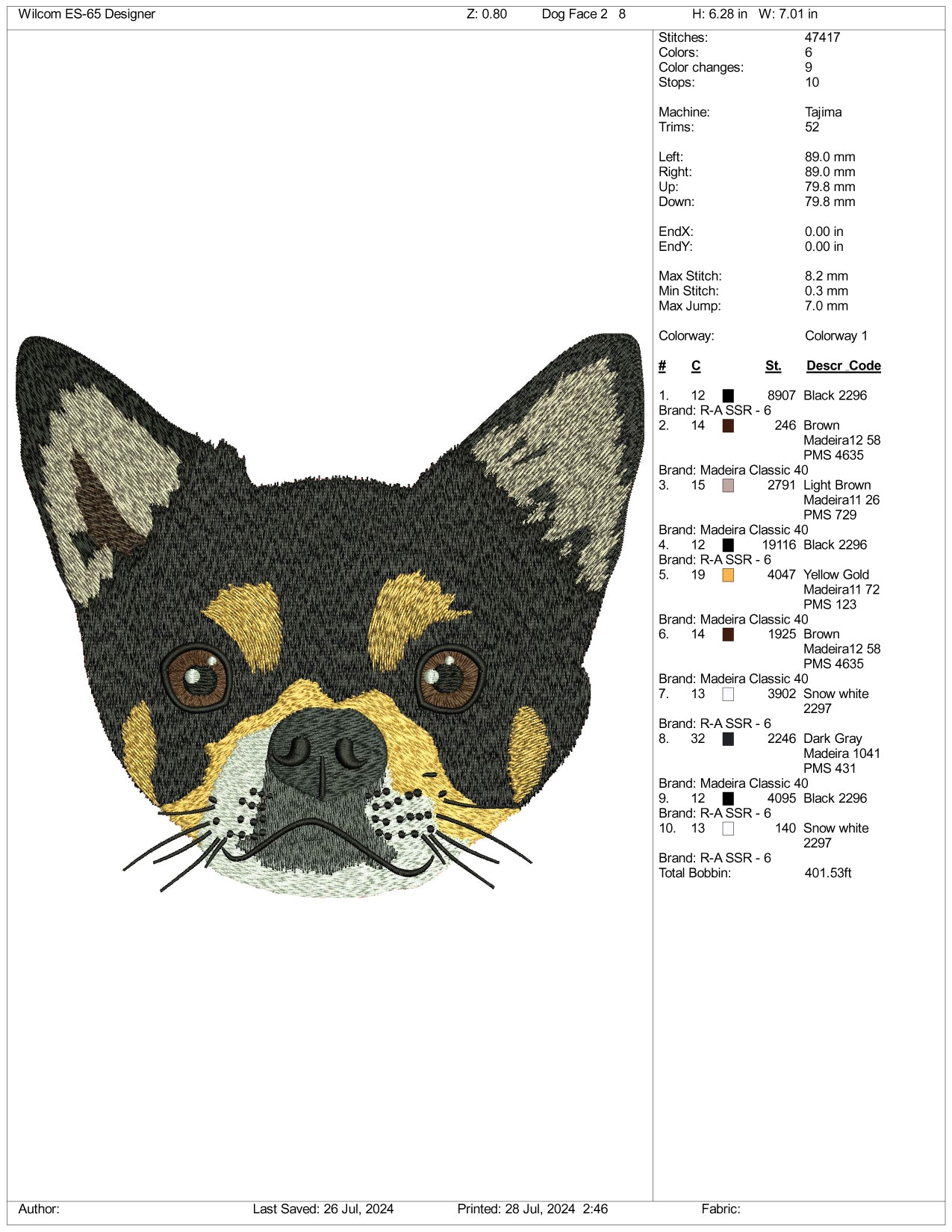 Dog Face v2 Embroidery Design Files - 3 Size's