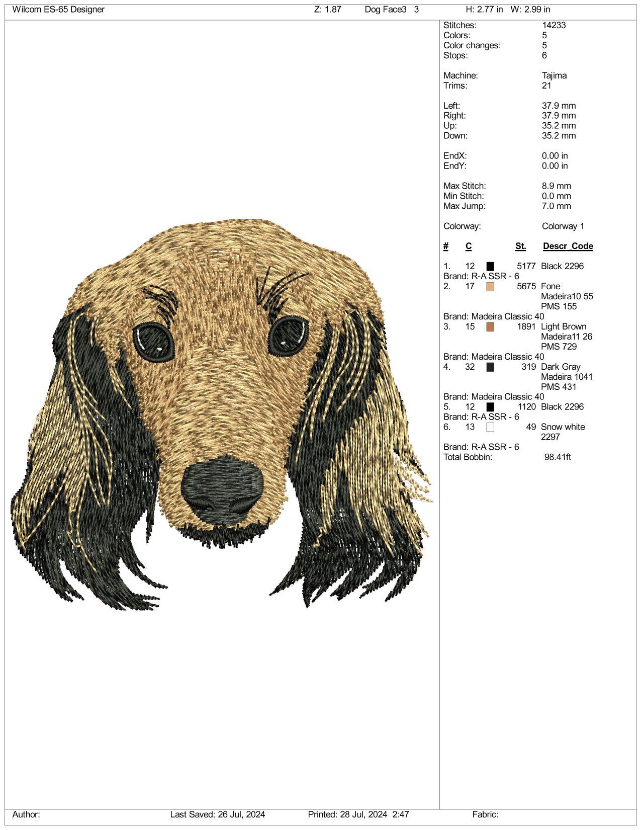 Dog Face v3 Embroidery Design Files - 3 Size's