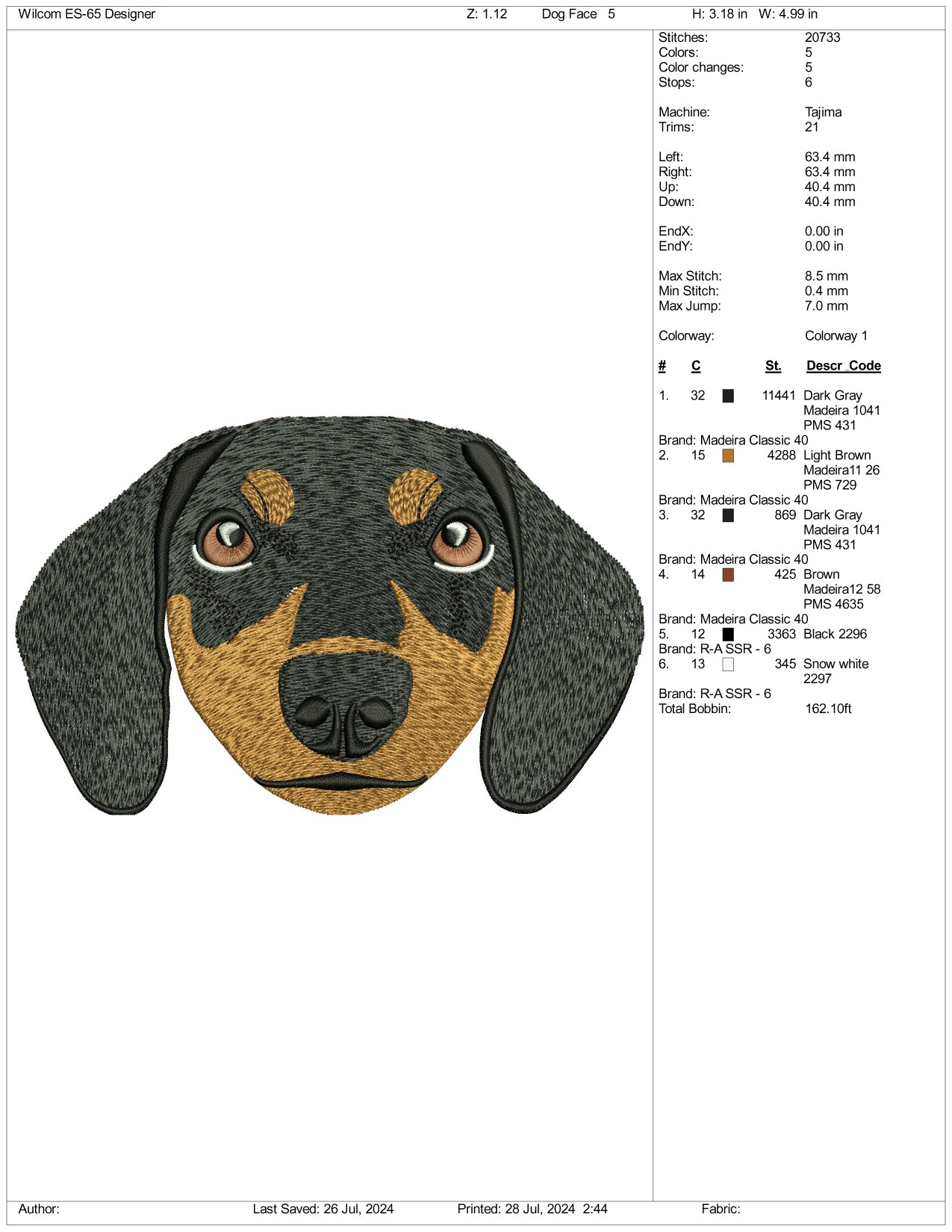 Dog Face Embroidery Design Files - 3 Size's