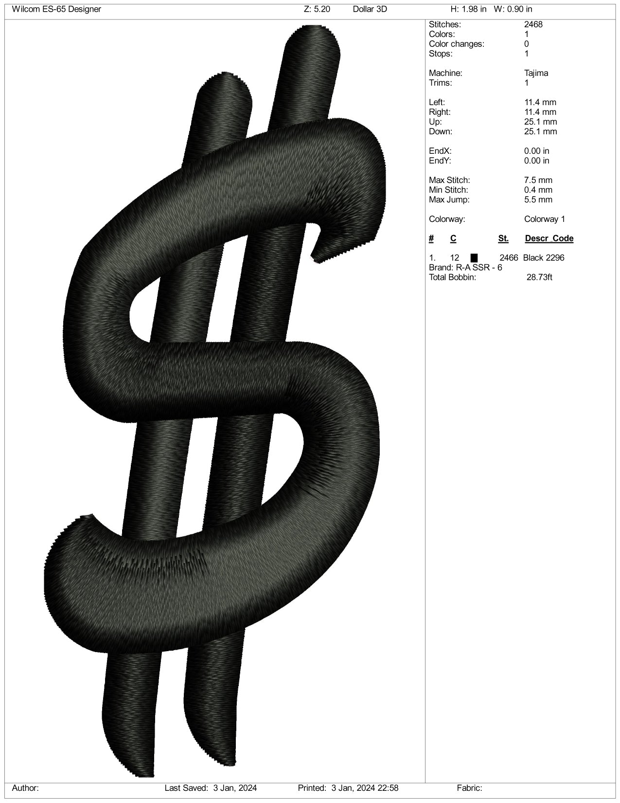 Dollar Sign Embroidery Design Files - 3 Size's