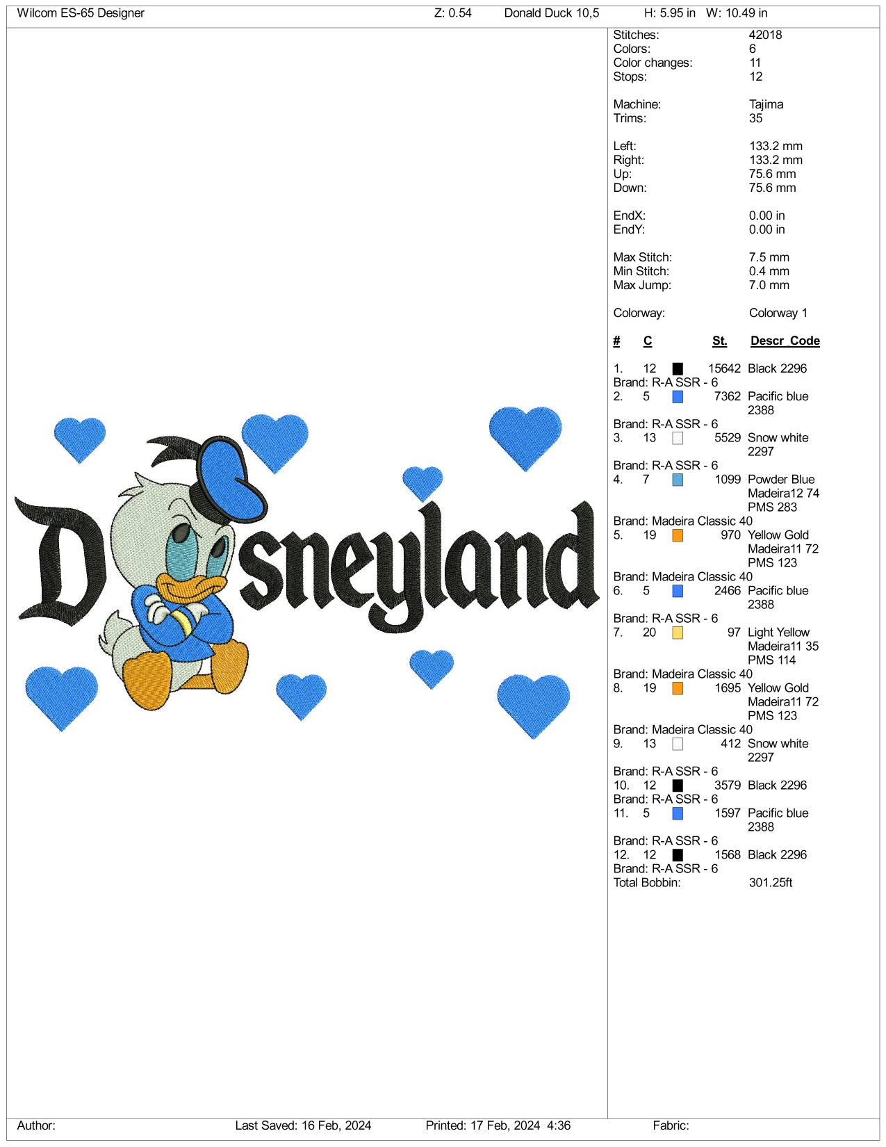 Baby Donald Duck Disneyland Embroidery Design Files - 3 Size's