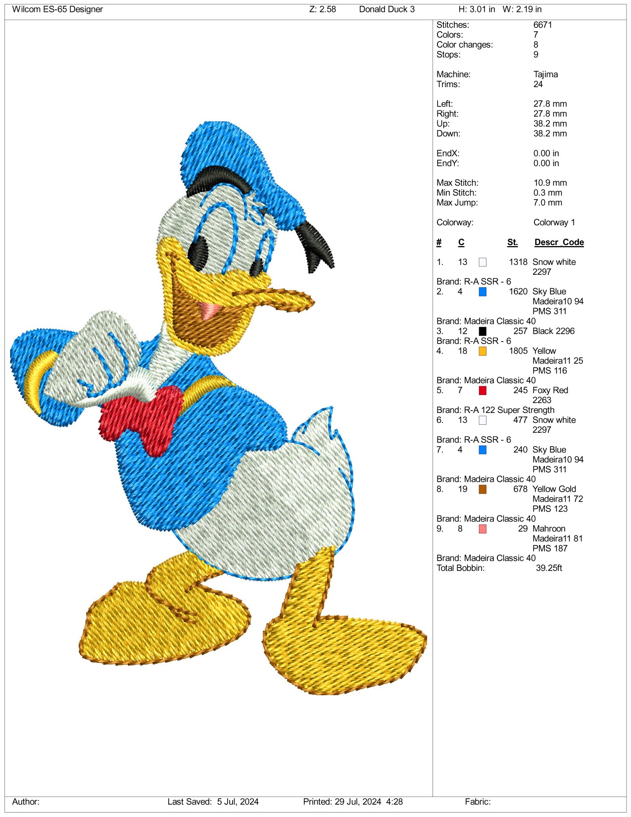 Donald Duck Embroidery Design Files - 3 Size's