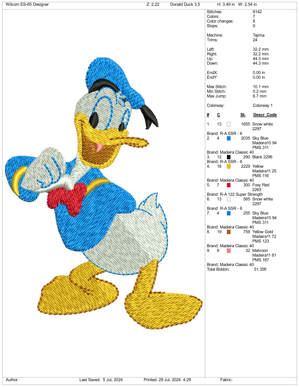 Donald Duck Embroidery Design Files - 3 Size's