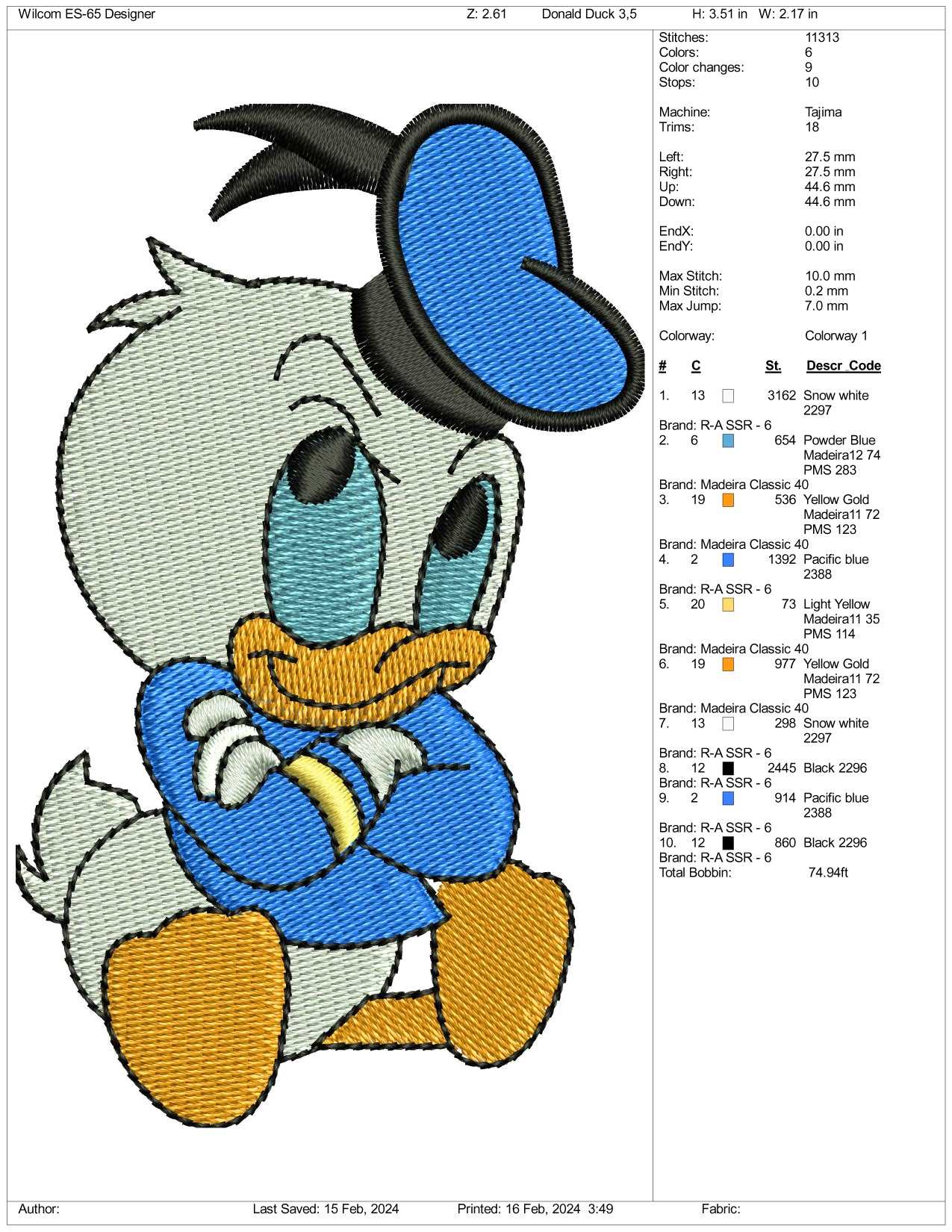 Baby Donald Duck  Embroidery Design Files - 3 Size's