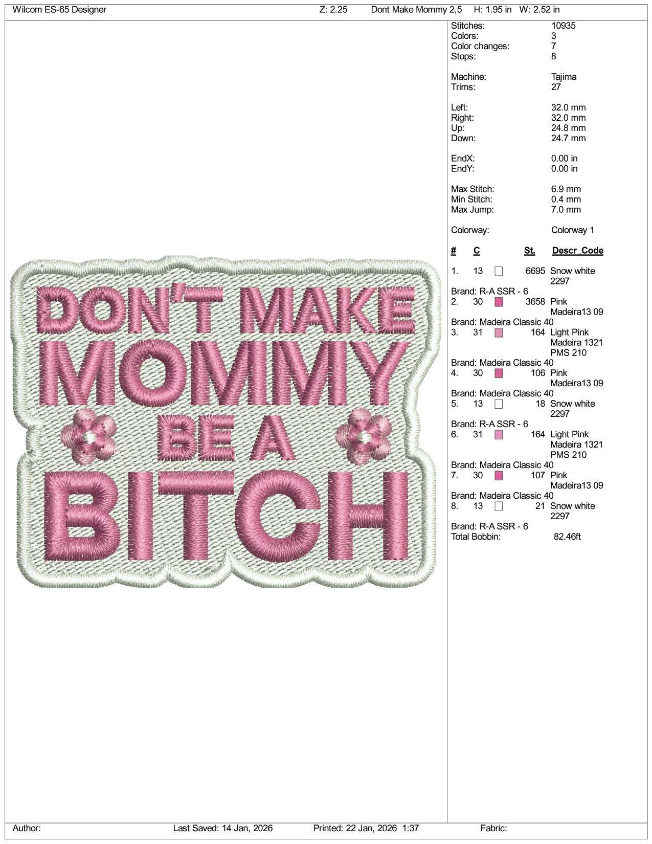 Don't Make Mommy Be a Bitch Embroidery Design Files - 3 Size's