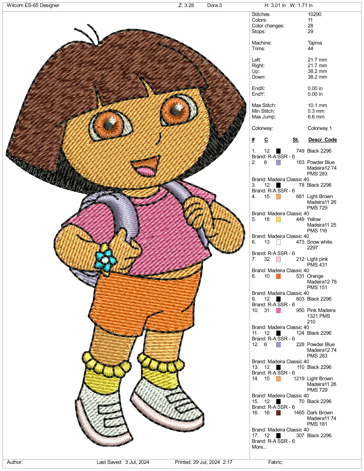 Dora Embroidery Design Files - 3 Size's