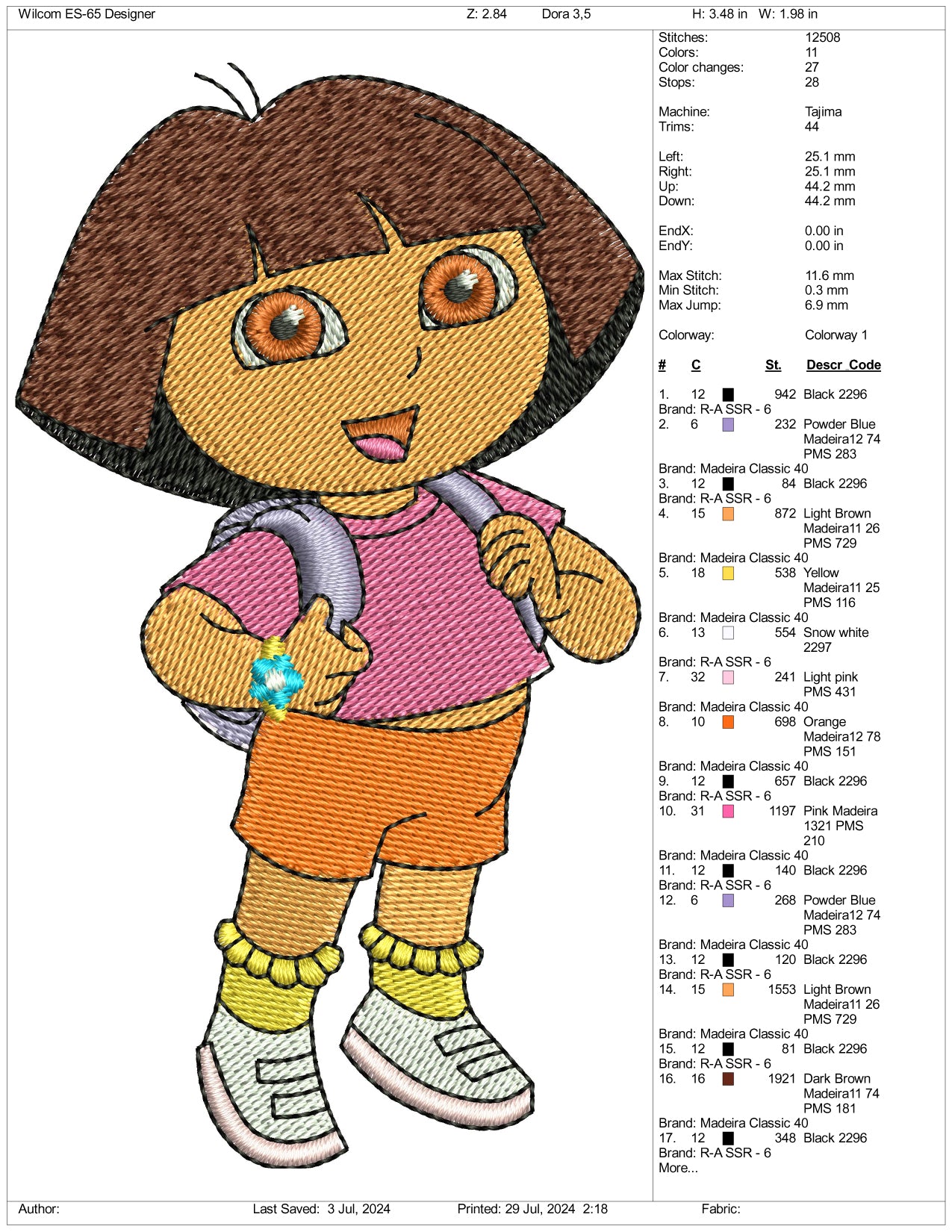 Dora Embroidery Design Files - 3 Size's