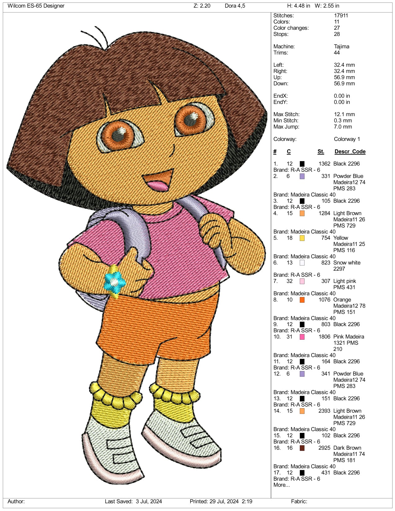 Dora Embroidery Design Files - 3 Size's