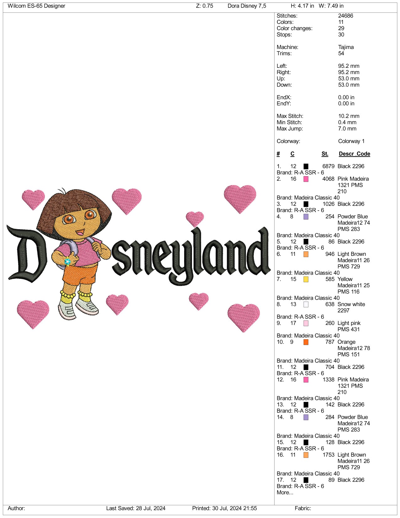 Dora Disneyland Embroidery Design Files - 3 Size's