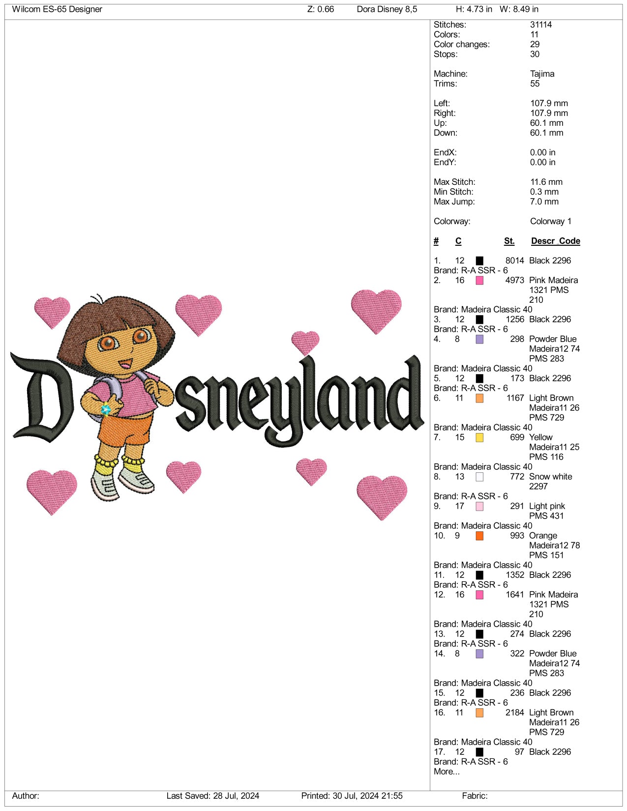 Dora Disneyland Embroidery Design Files - 3 Size's