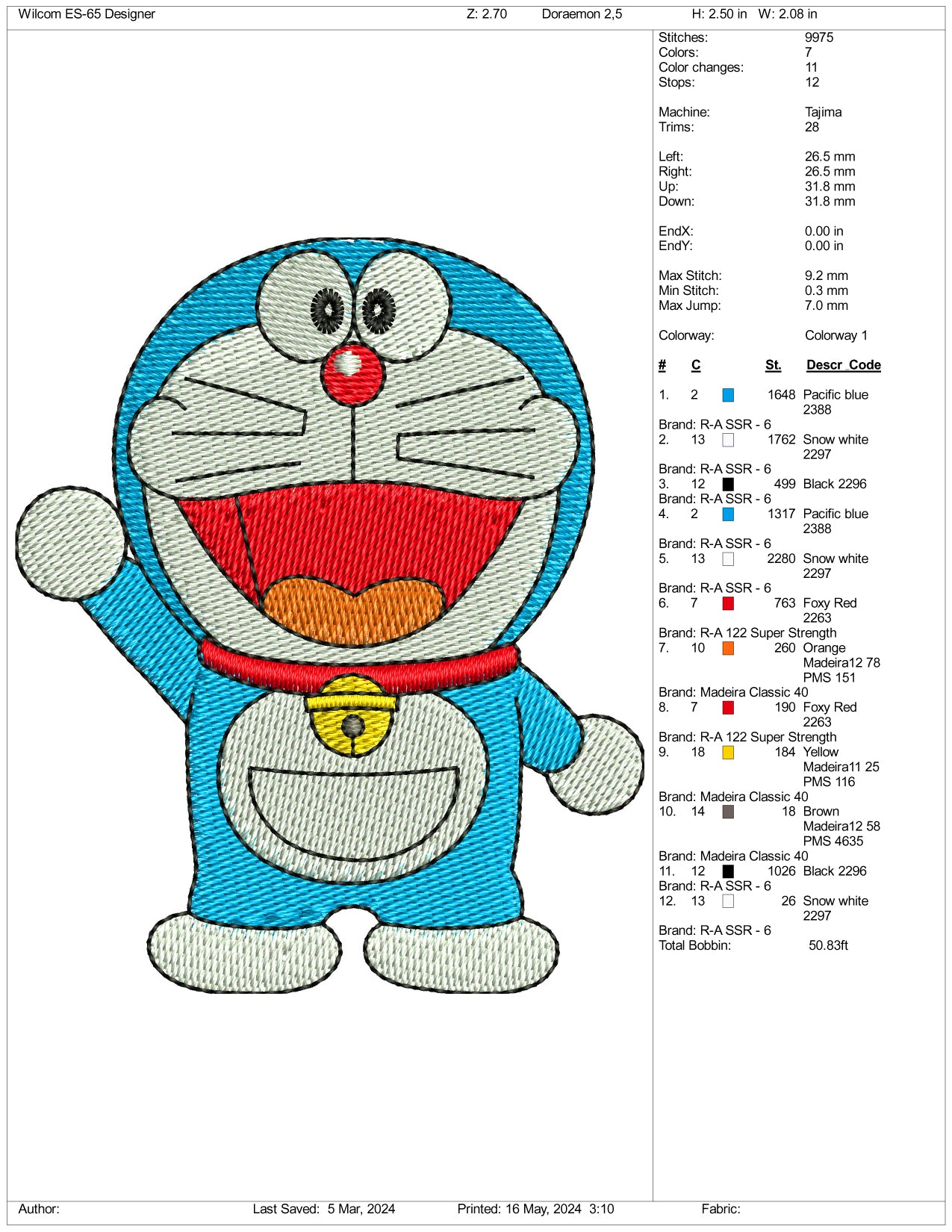 Doraemon Embroidery Design Files - 3 Sizes