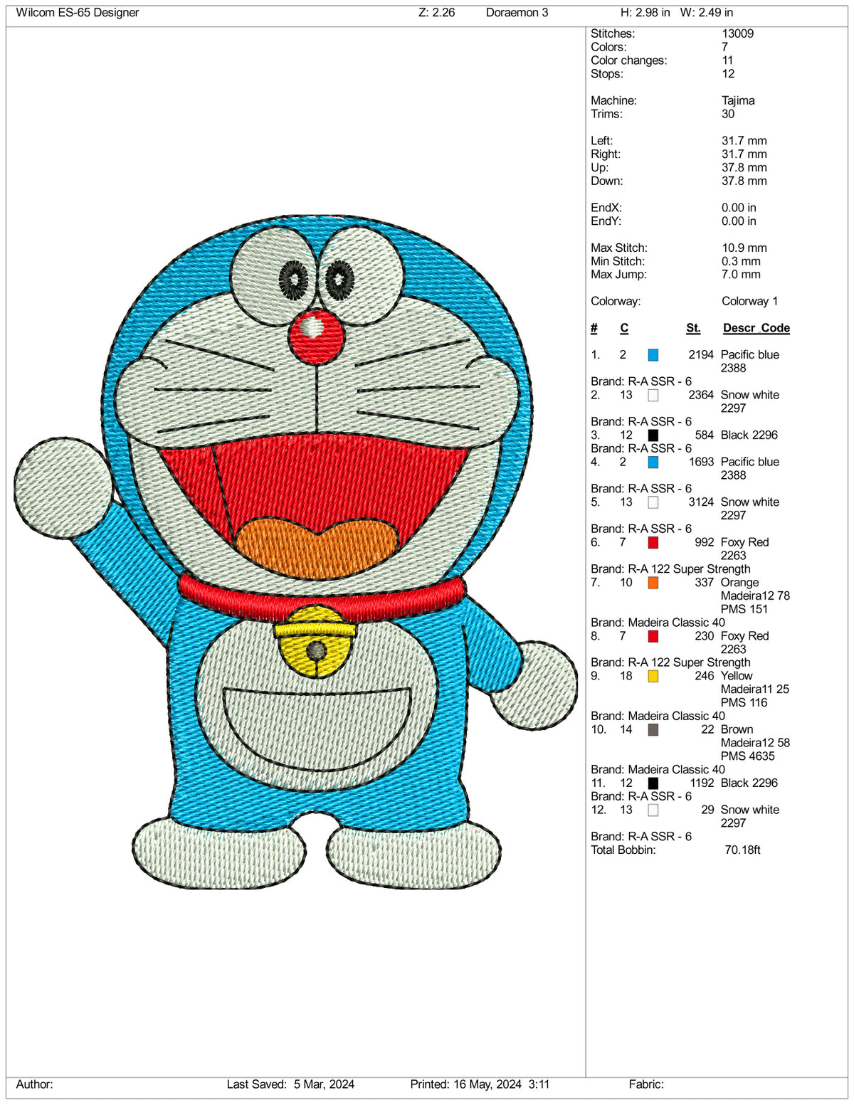 Doraemon Pattern Printable Doraemon Embroidery Design Files - 3 Sizes – Online Embroidery Designs