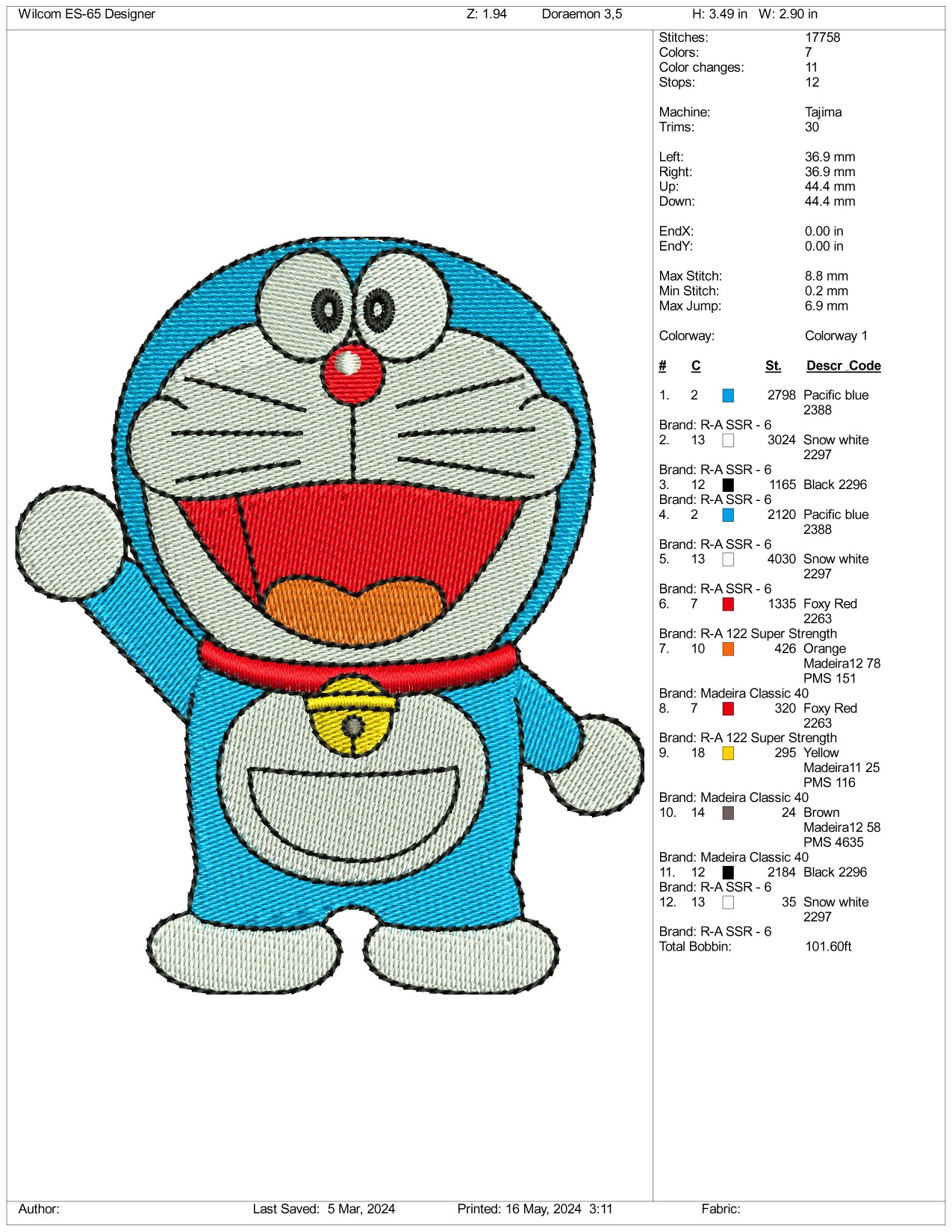 Doraemon Embroidery Design Files - 3 Sizes