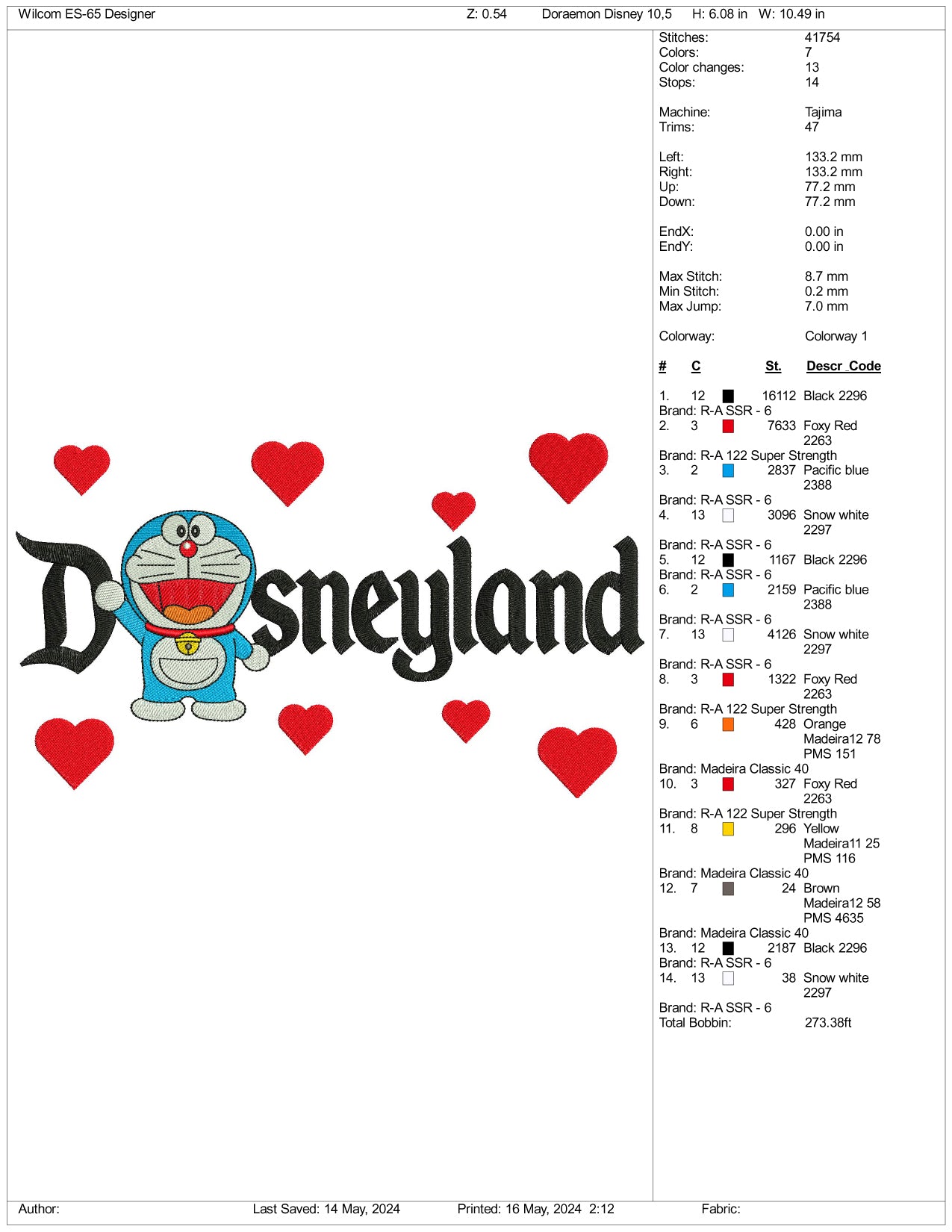 Doraemon Disneyland Embroidery Design Files - 3 Sizes