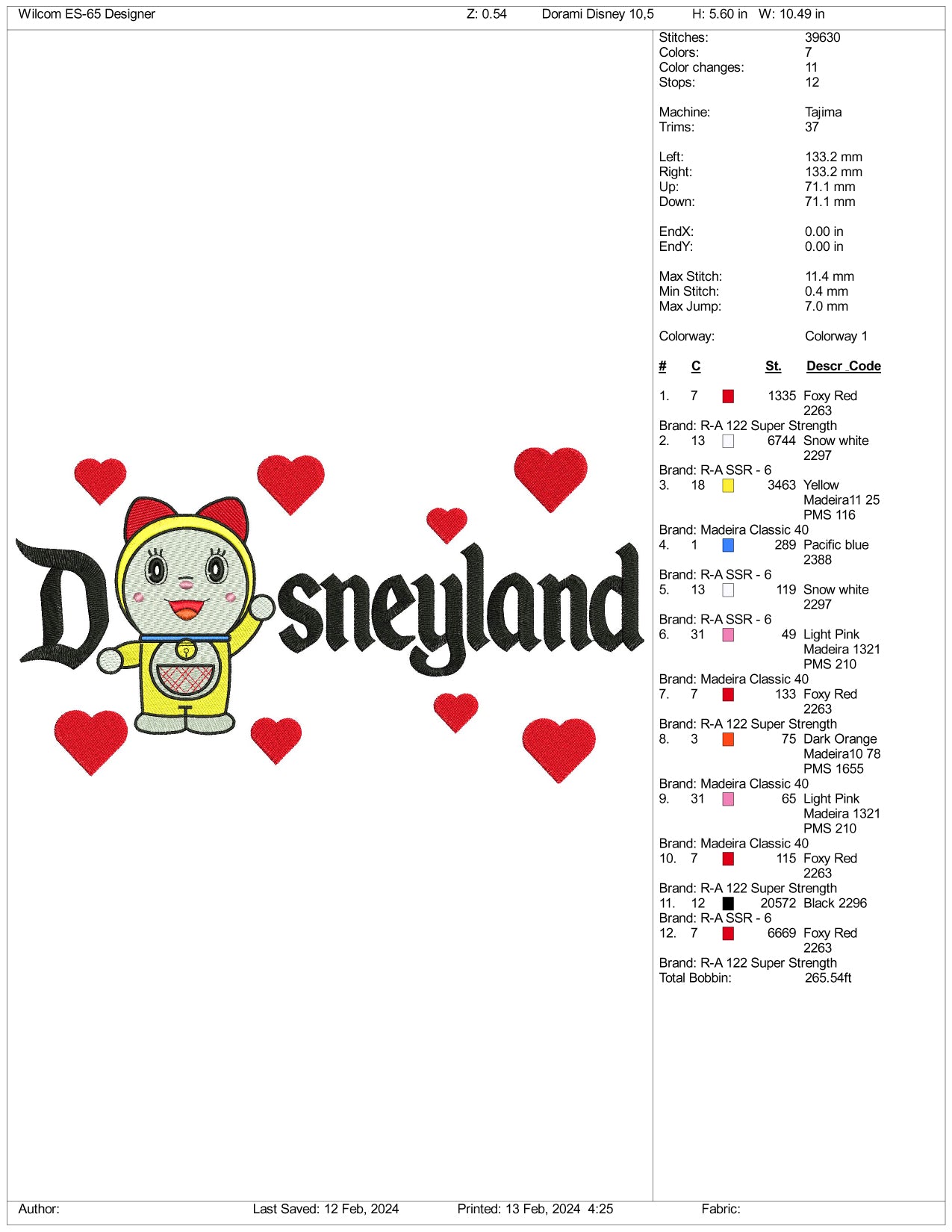 Dorami Disneyland Embroidery Design Files - 3 Size's