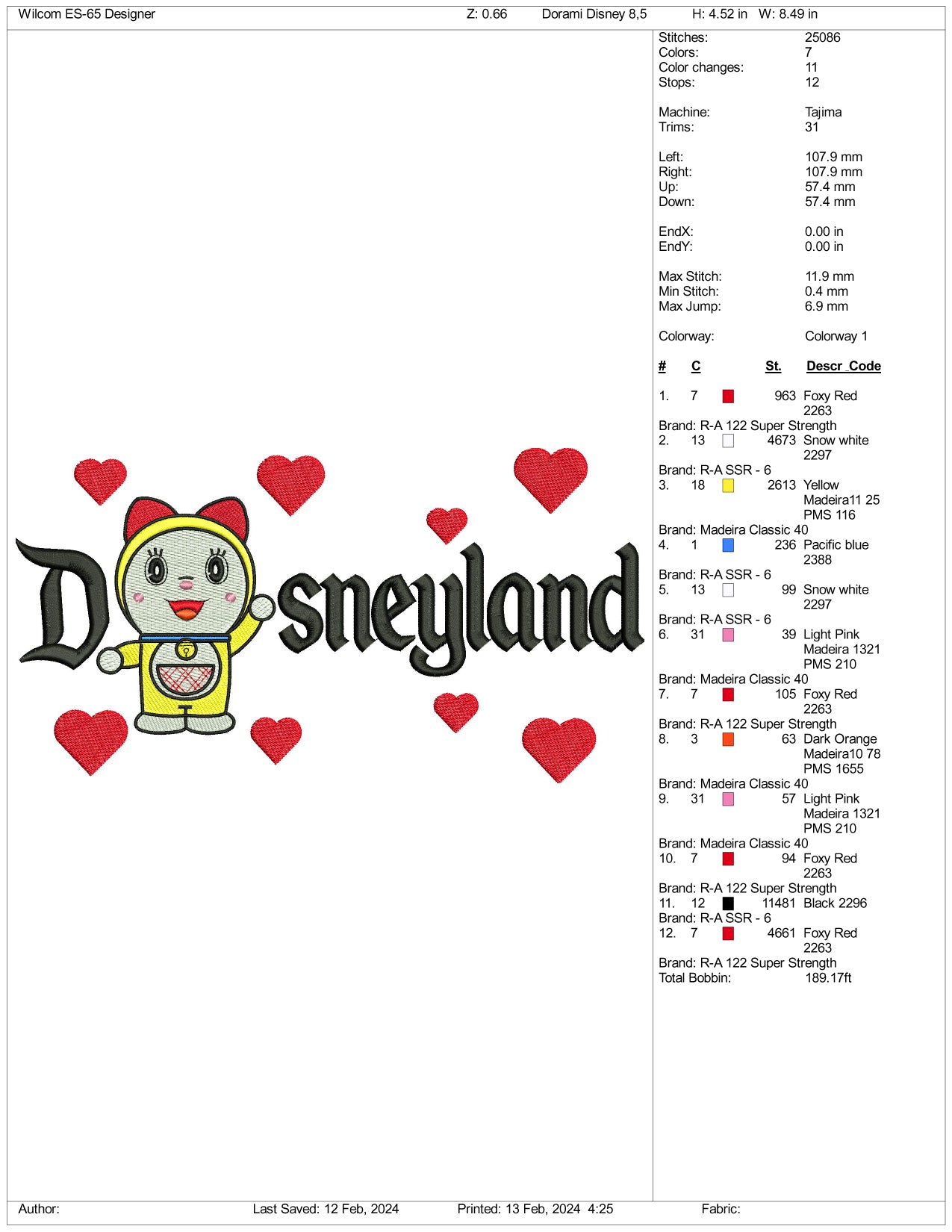 Dorami Disneyland Embroidery Design Files - 3 Size's