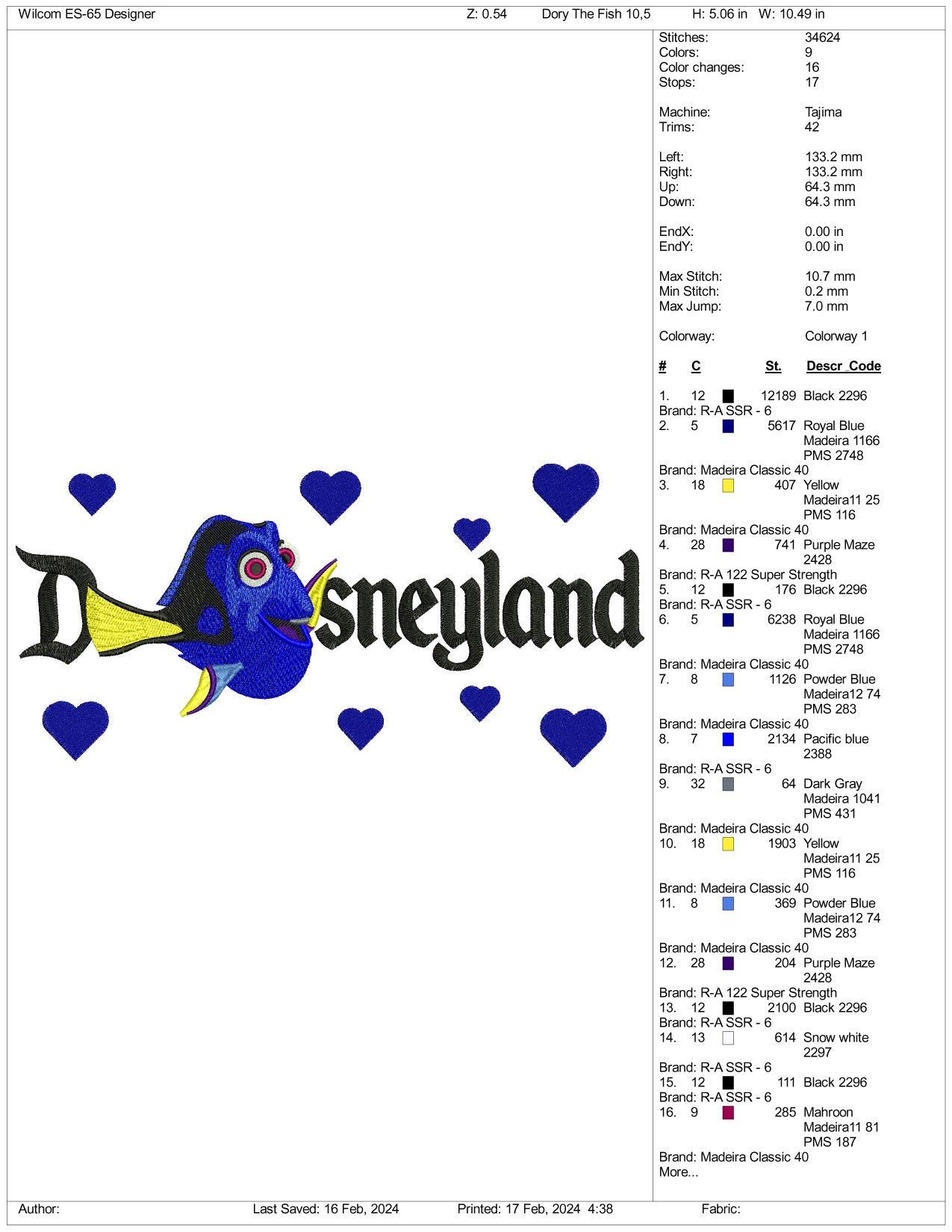 Dory Disneyland Embroidery Design Files - 3 Size's