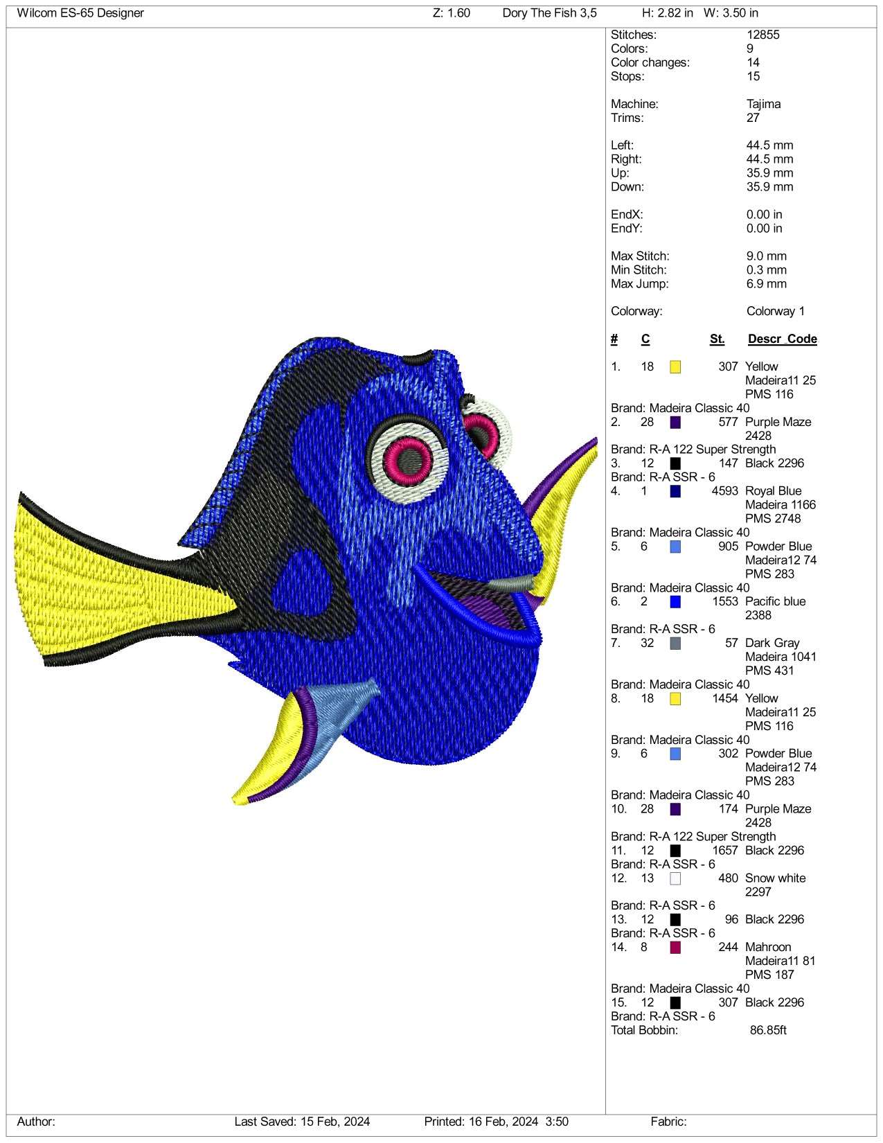 Dory Embroidery Design Files - 3 Size's