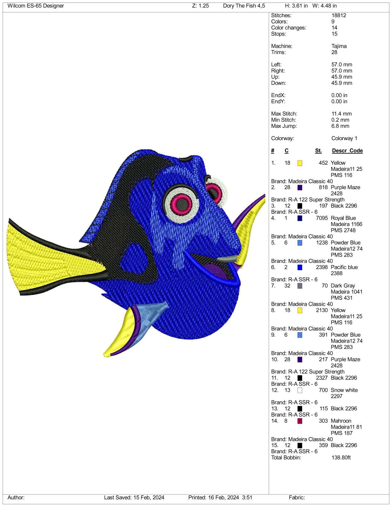 Dory Embroidery Design Files - 3 Size's